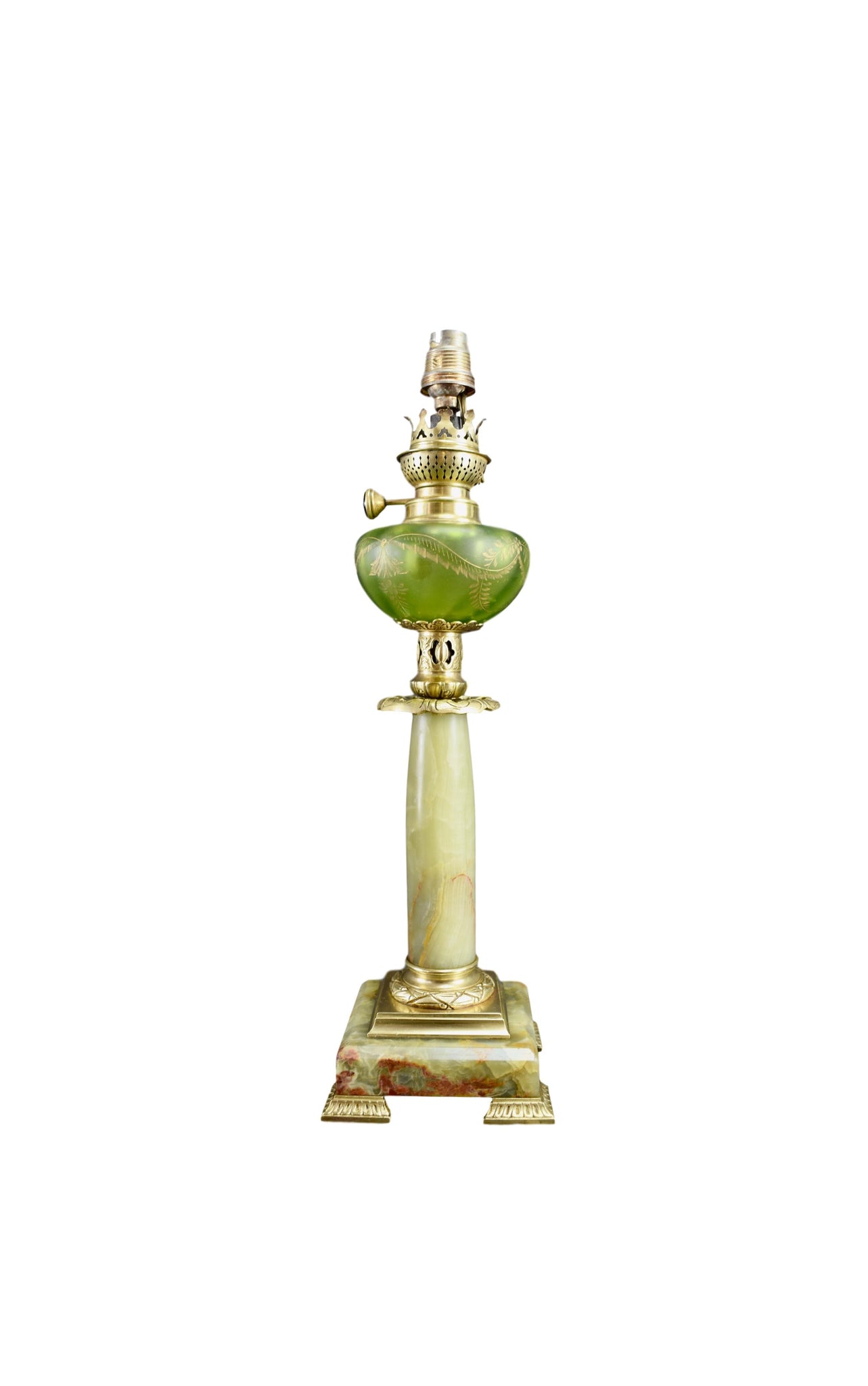 Art Nouveau French Green Glass  and Onyx Table Kerosene Lamp Electrified
