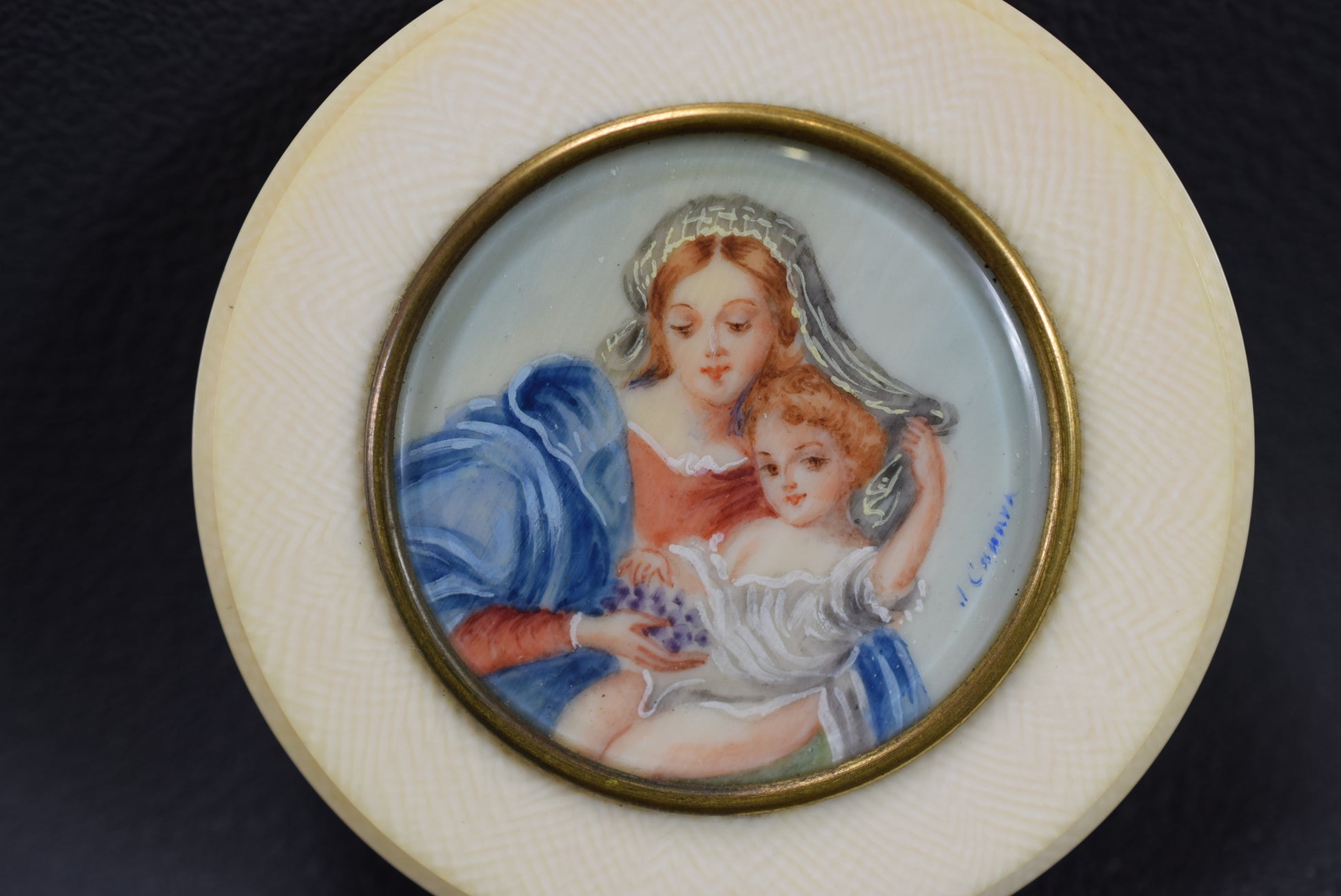 Miniature Portrait Virgin Mary and Jesus Hand Painted Medallion Cradle