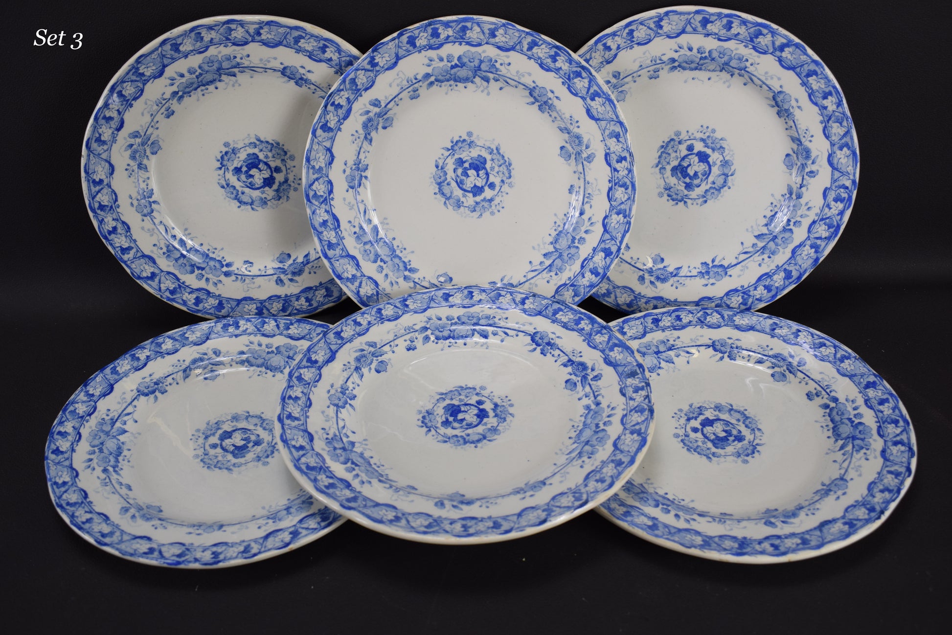 Creil & Montereau Blue Transferware Set of 6 Dessert Plates Vine Salad