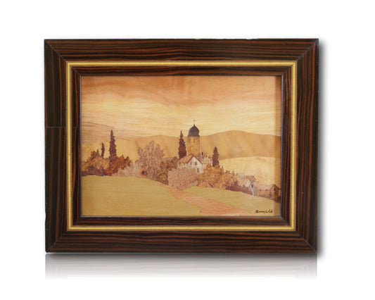 French Vintage Wood Inlaid Marquetry Panel Picture by Rosenfeld