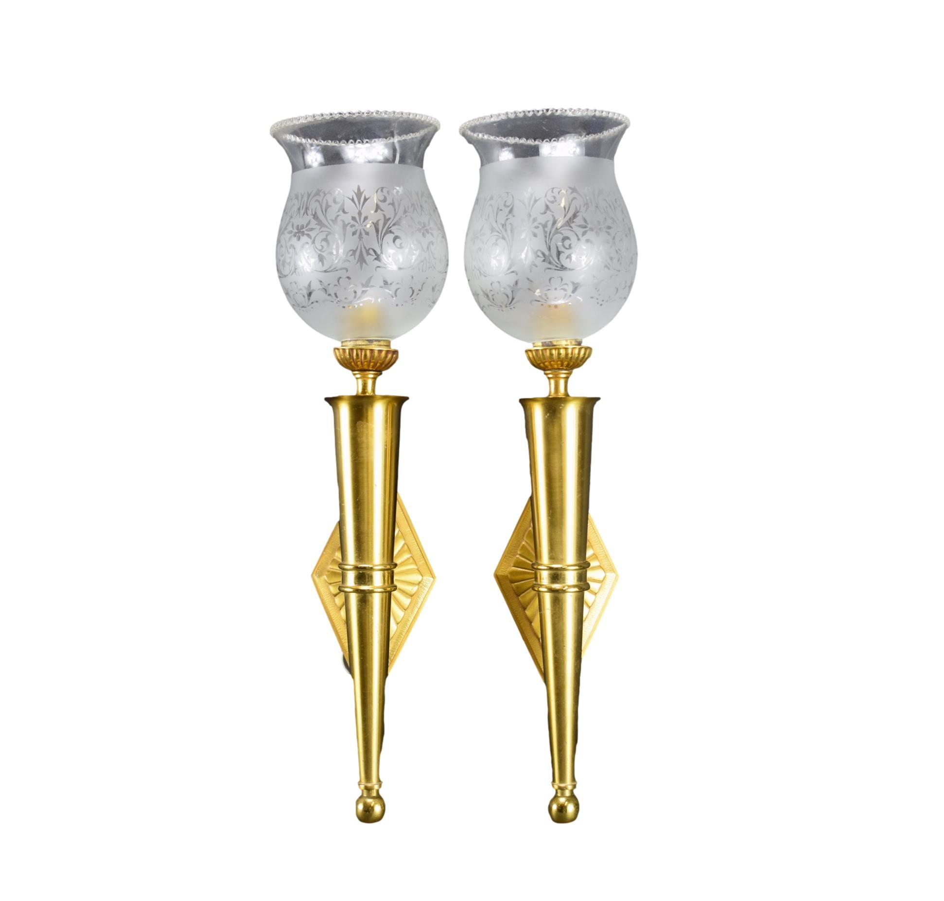 Mid Century Bronze Pair of Torch Wall Sconces