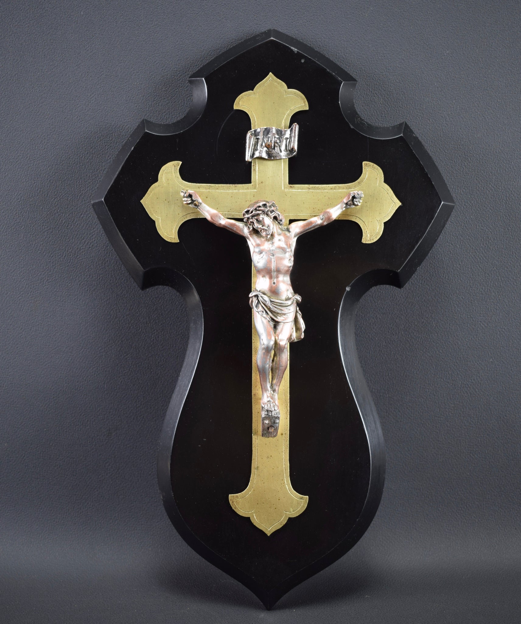 Vintage French Antique Wall Black Marble Cross Crucifix 19th