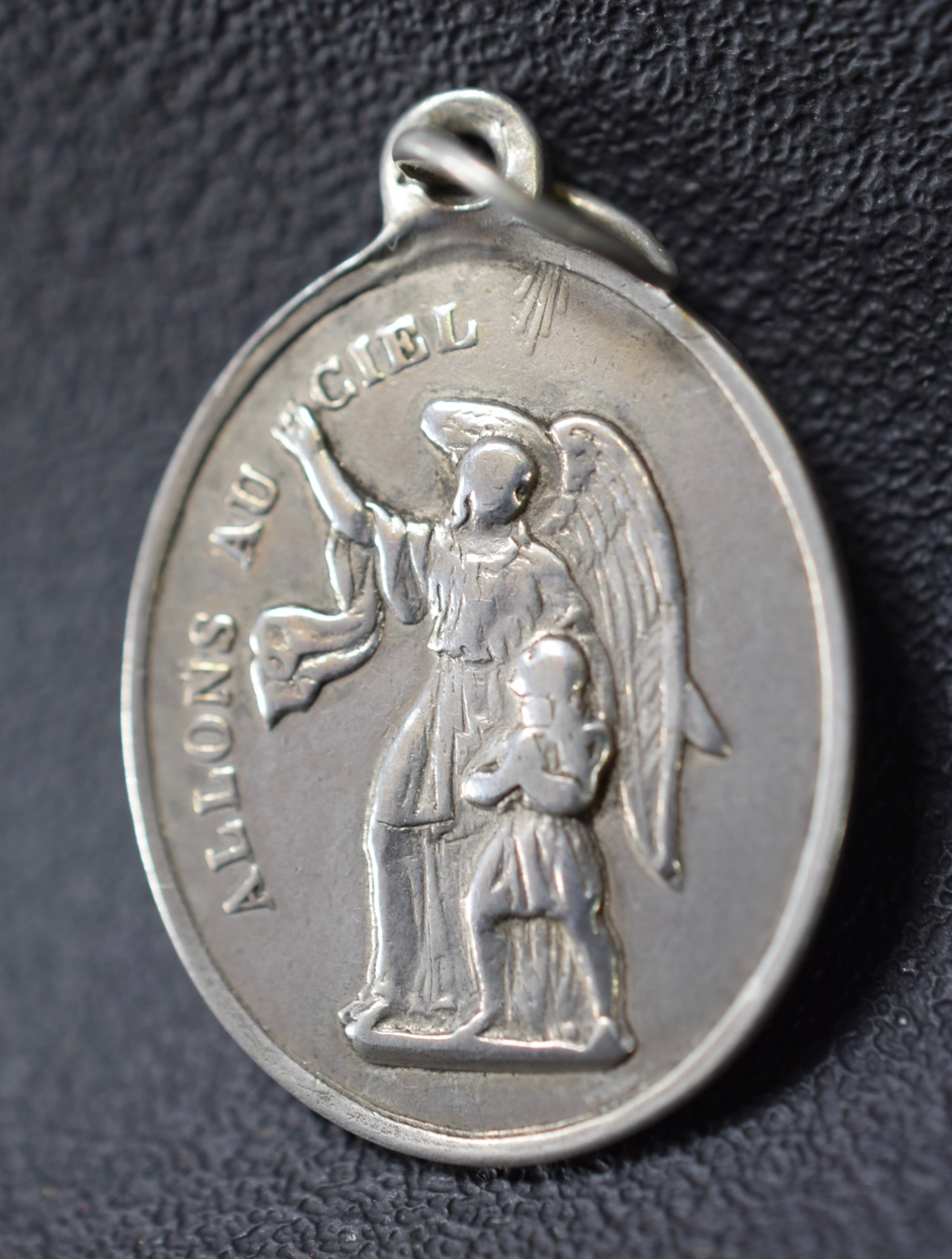 French 19C Silver Virgin Mary and Angel Medal Vachette Waag