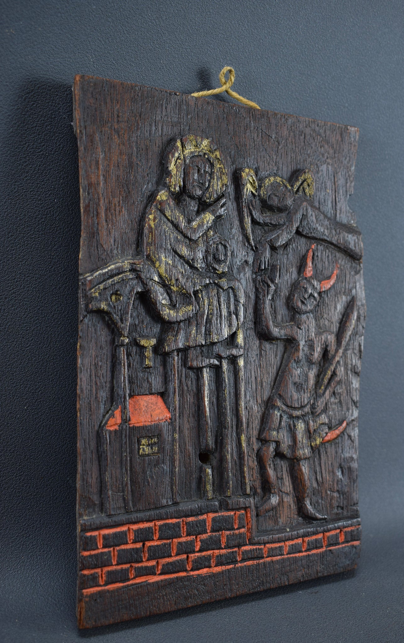Devil and Angel Carved Wood Panel