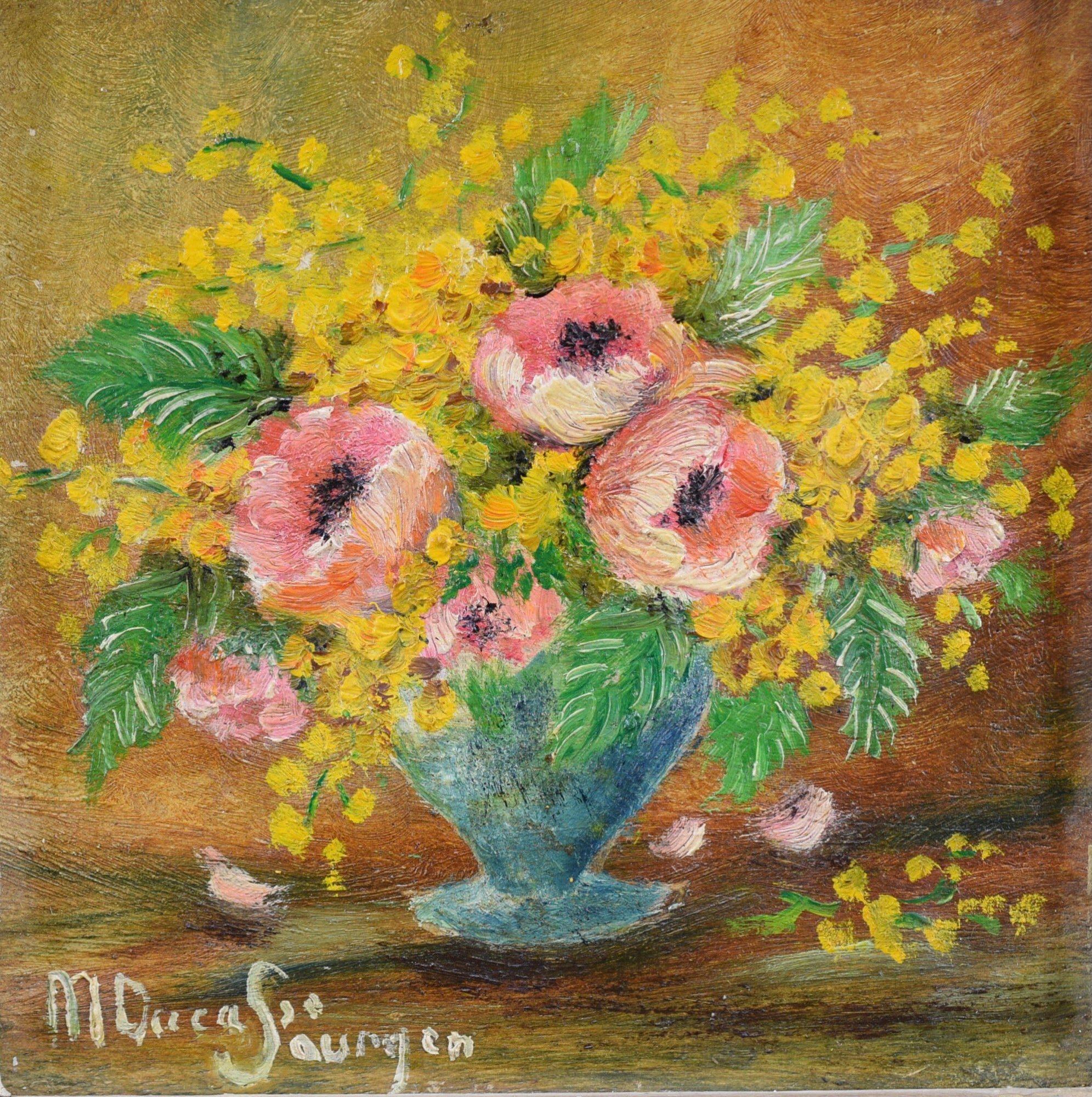 Oil Painting Bunch of Mimosa Flowers Signed Floral Still Life