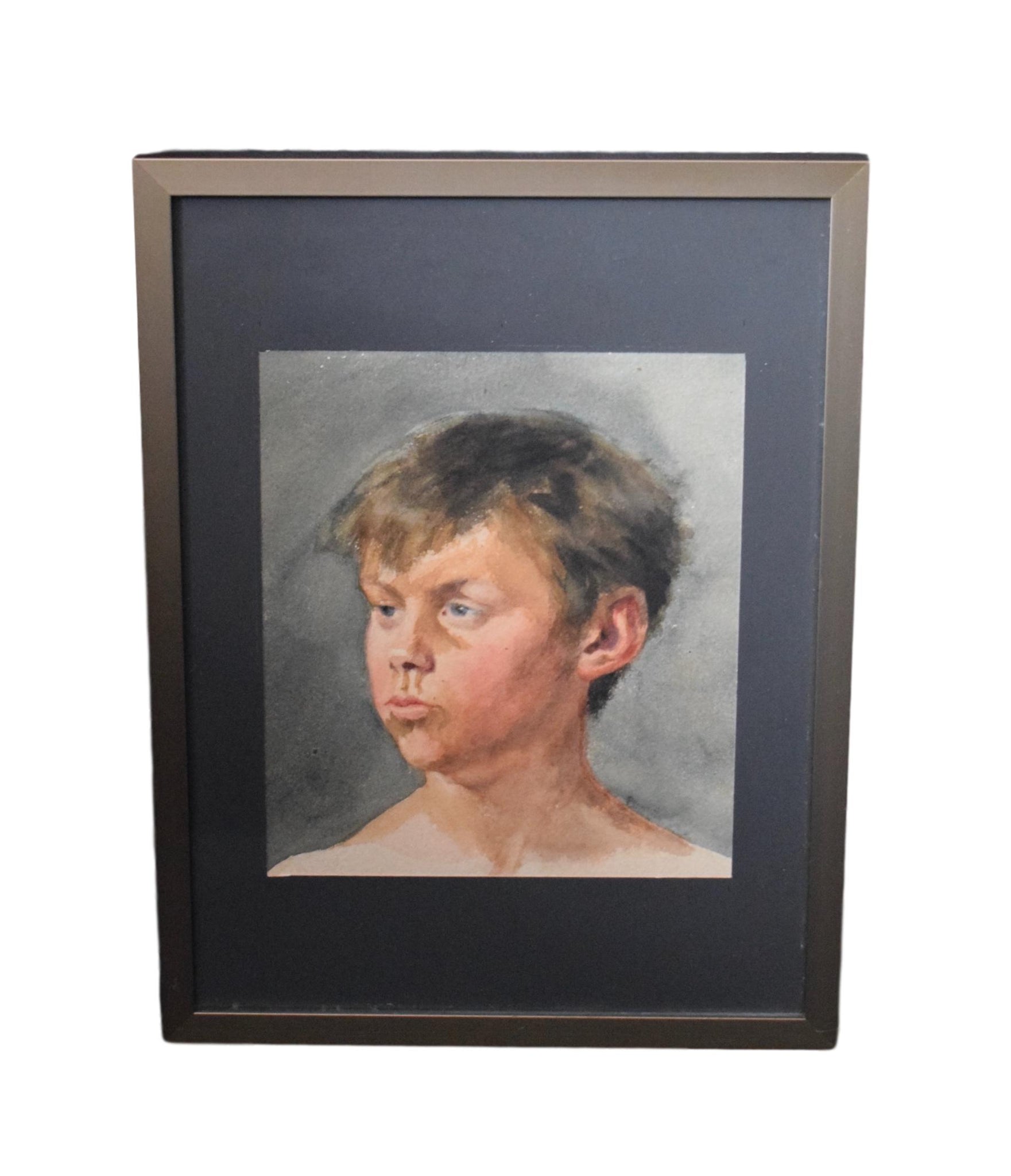 French Antique Watercolor Portrait Young Boy