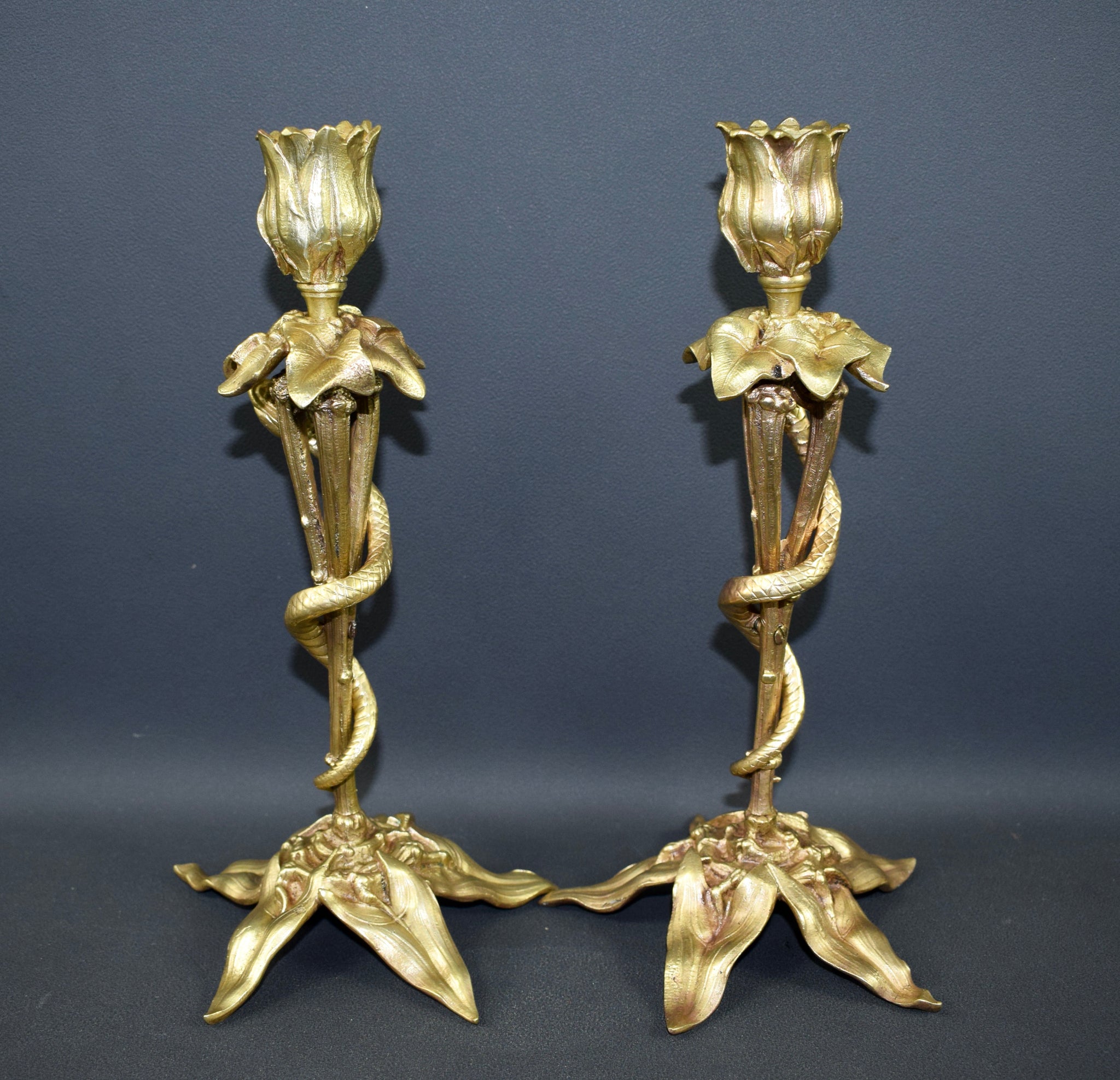 Pair of Art Nouveau Bronze Candlesticks Snack
