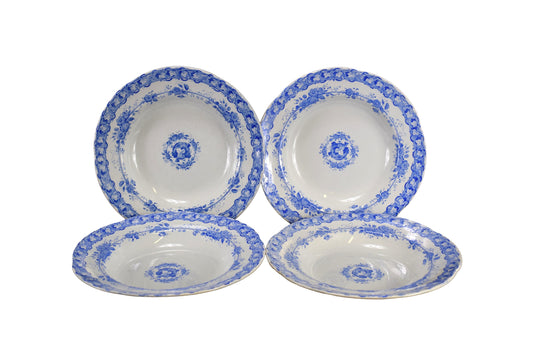 Creil & Montereau Blue Transferware Set of 4 Soup Plates Vine