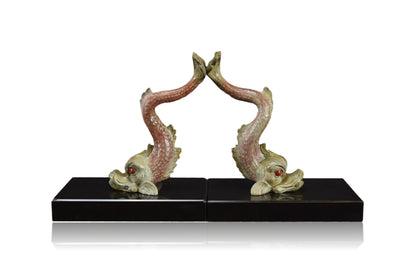French Art Deco Pair of Fish Dolphin Figurine Bookends on Marble Base