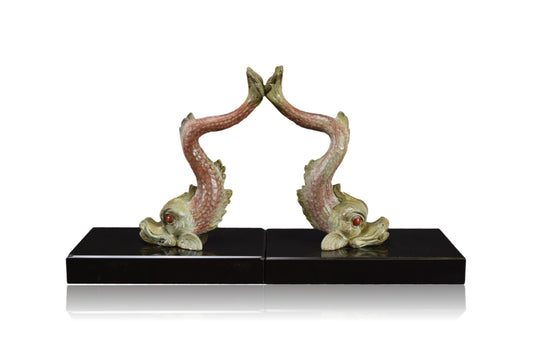 French Art Deco Pair of Fish Dolphin Figurine Bookends on Marble Base