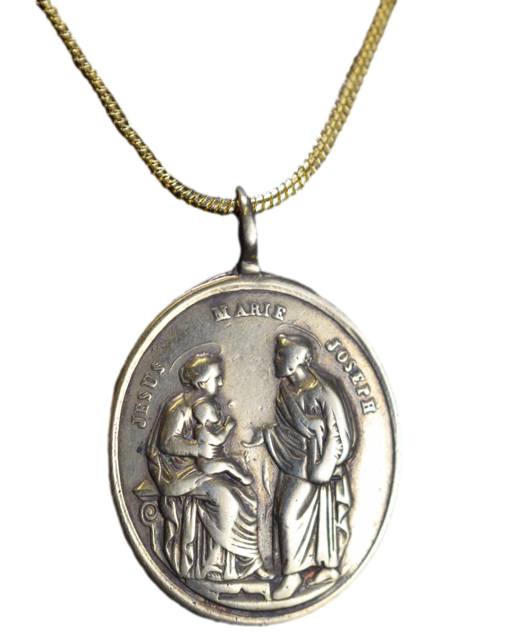 St John Francis Regis Antique Bronze Medal Jesus Mary Joseph Necklace