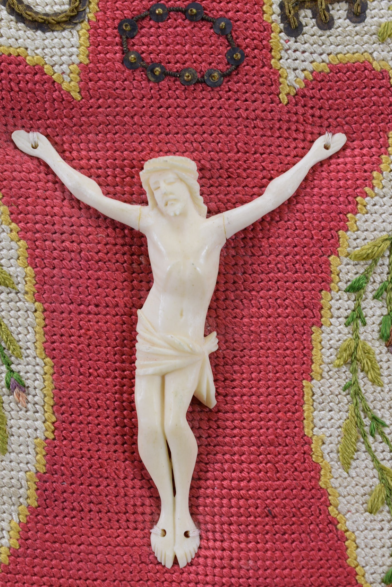 Antique Needlepoint Carved Crucifix Holy Water Font o crux ave spes unica