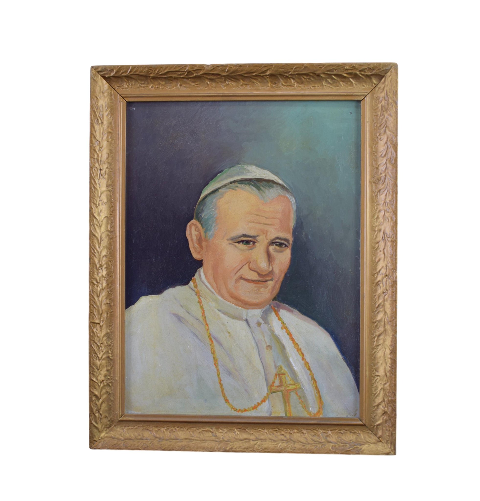 Pope John Paul II Portrait  French Vintage Oil Painting on Panel