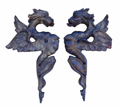 French Antique Extraordinary Pair of Large Hand Carved Griffin Chimera Dragon Pediment - Charmantiques