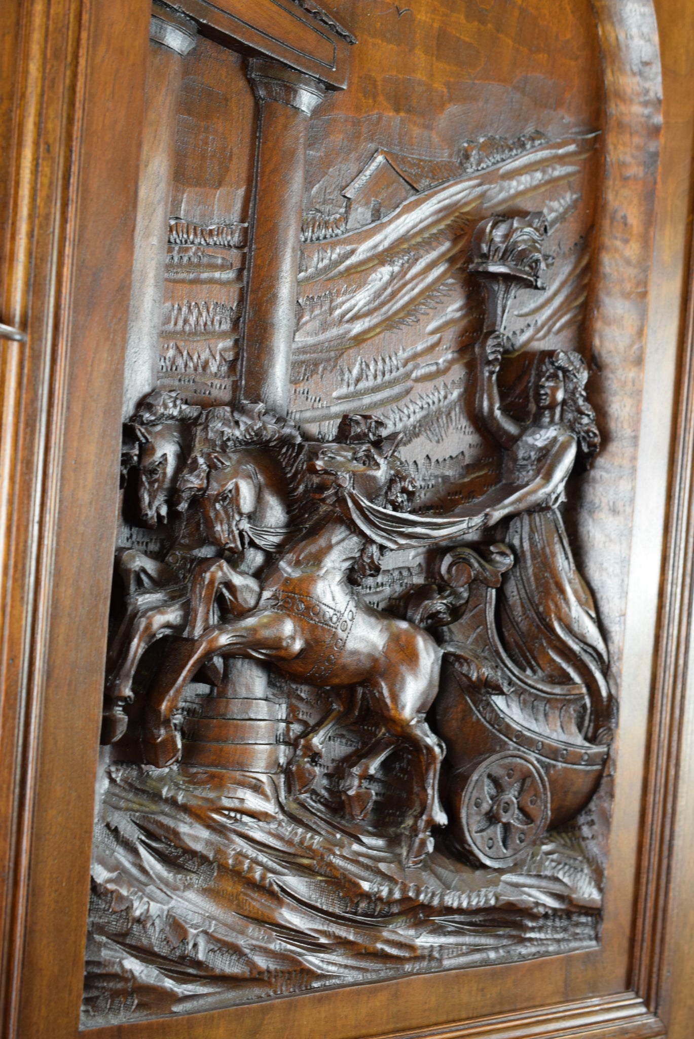 Large Deep Carved Panel Door Solid Wood with Horse Chariot