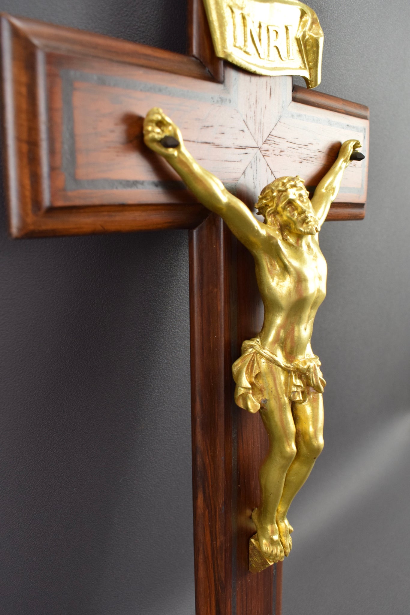 French Art Deco Large Bronze and Wood Wall Cross Crucifix