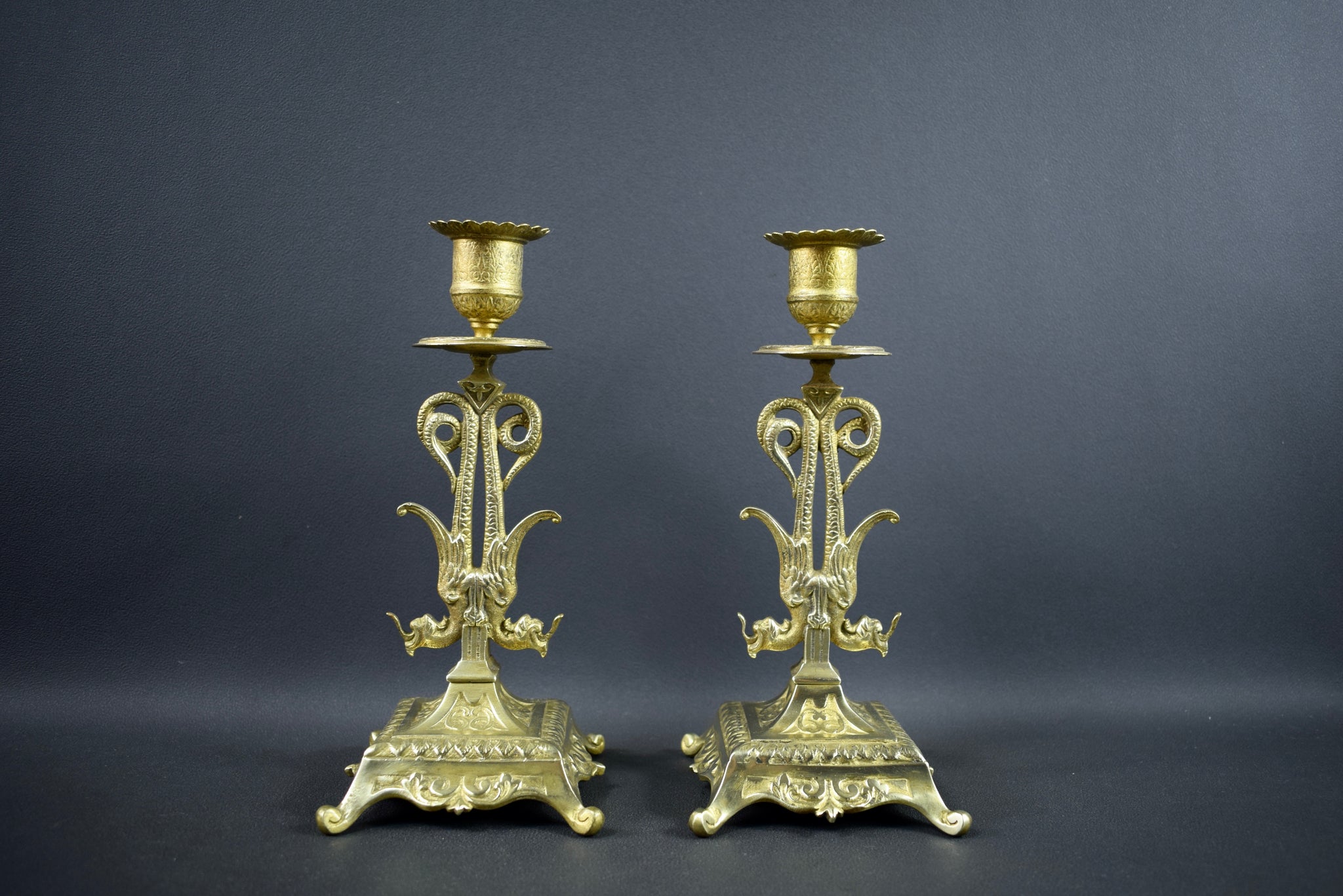 Pair of Gothic Bronze Candlesticks Chimera 19thVintage French