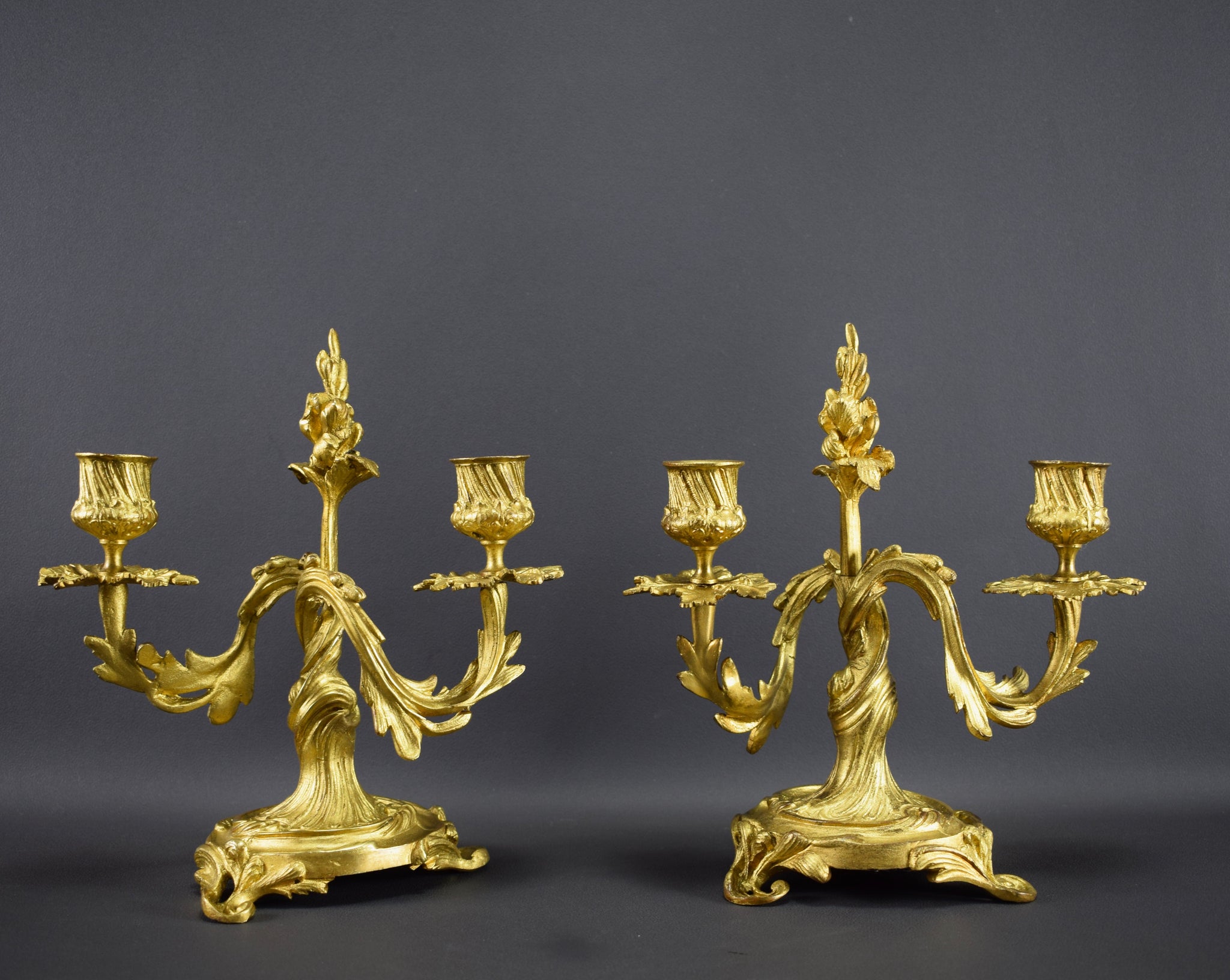 Pair of Louis XV gilt bronze rocaille candlesticks 