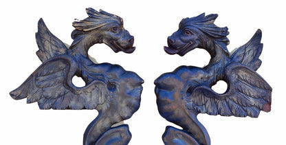 French Antique Extraordinary Pair of Large Hand Carved Griffin Chimera Dragon Pediment - Charmantiques