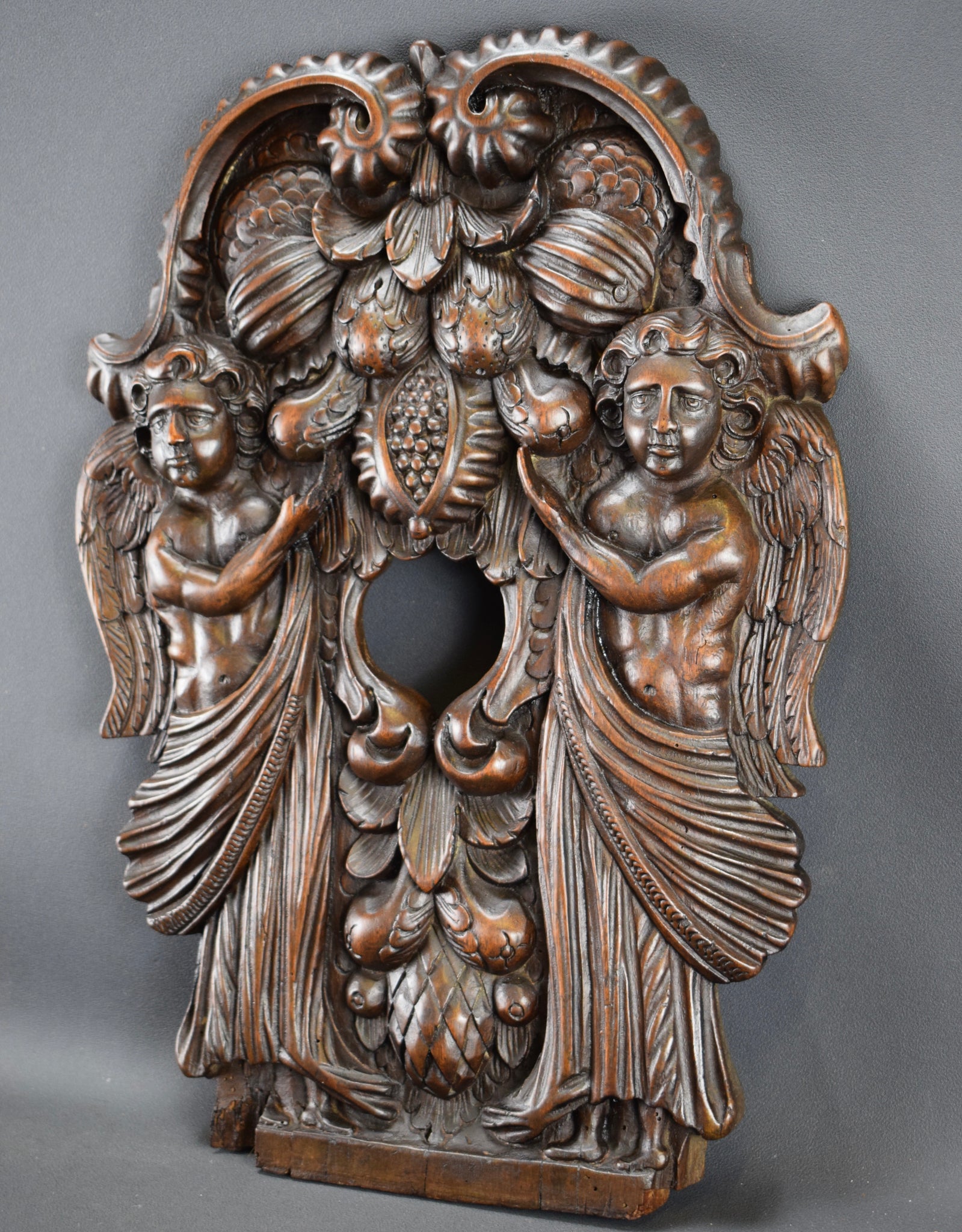 French Hand Carved Wood Wall Panel Angels Renaissance Sculpture