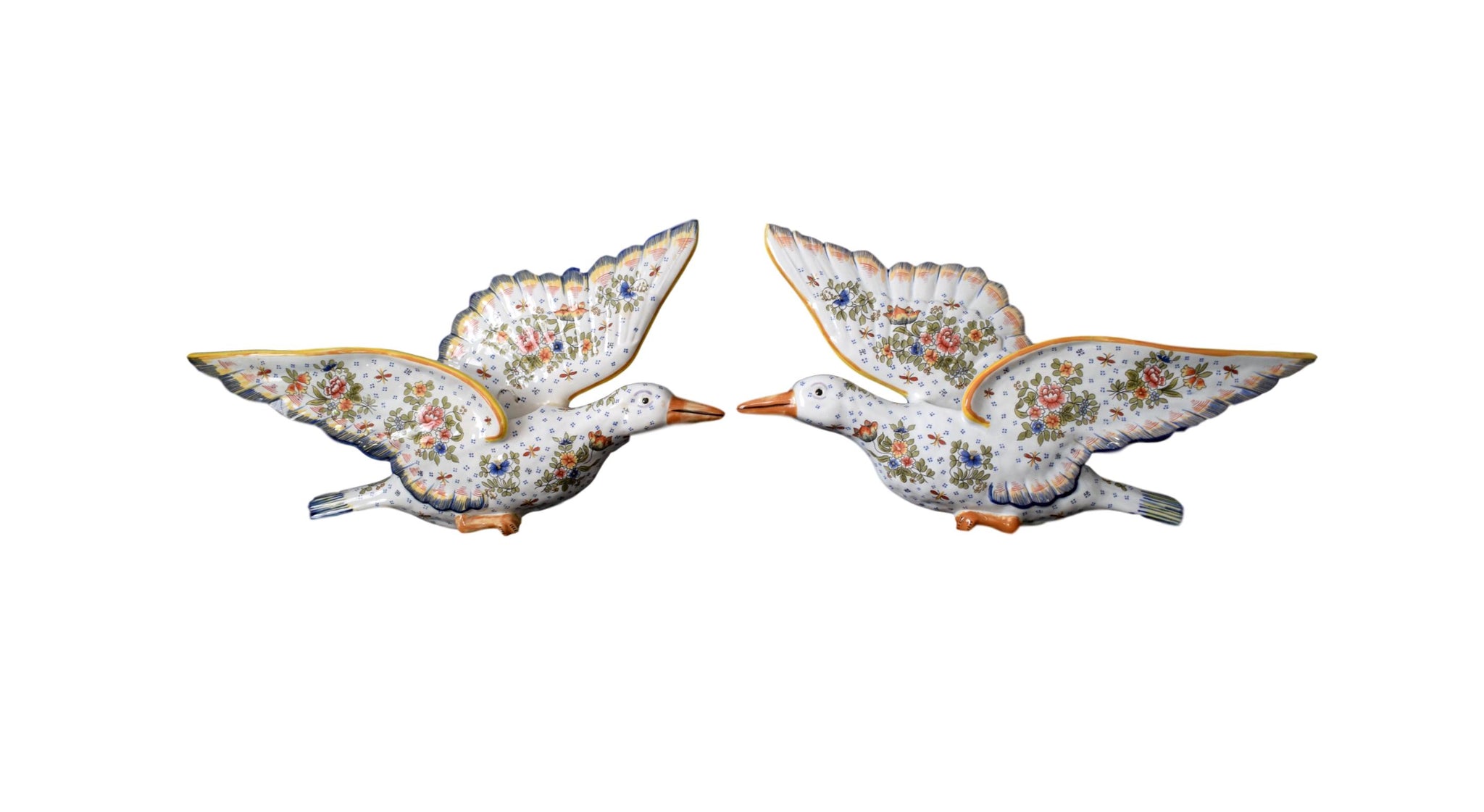 Rare Pair of Gooses Wall Pocket French Antique Hand Painted Desvres Fourmaintraux Rouen Decor - Majolica Figural Flower Wall Vases