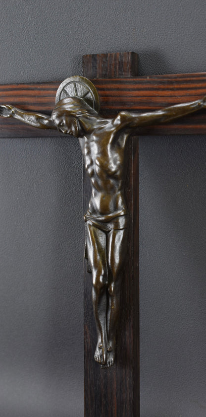 Art Deco Bronze and Macassar Wood Crucifix