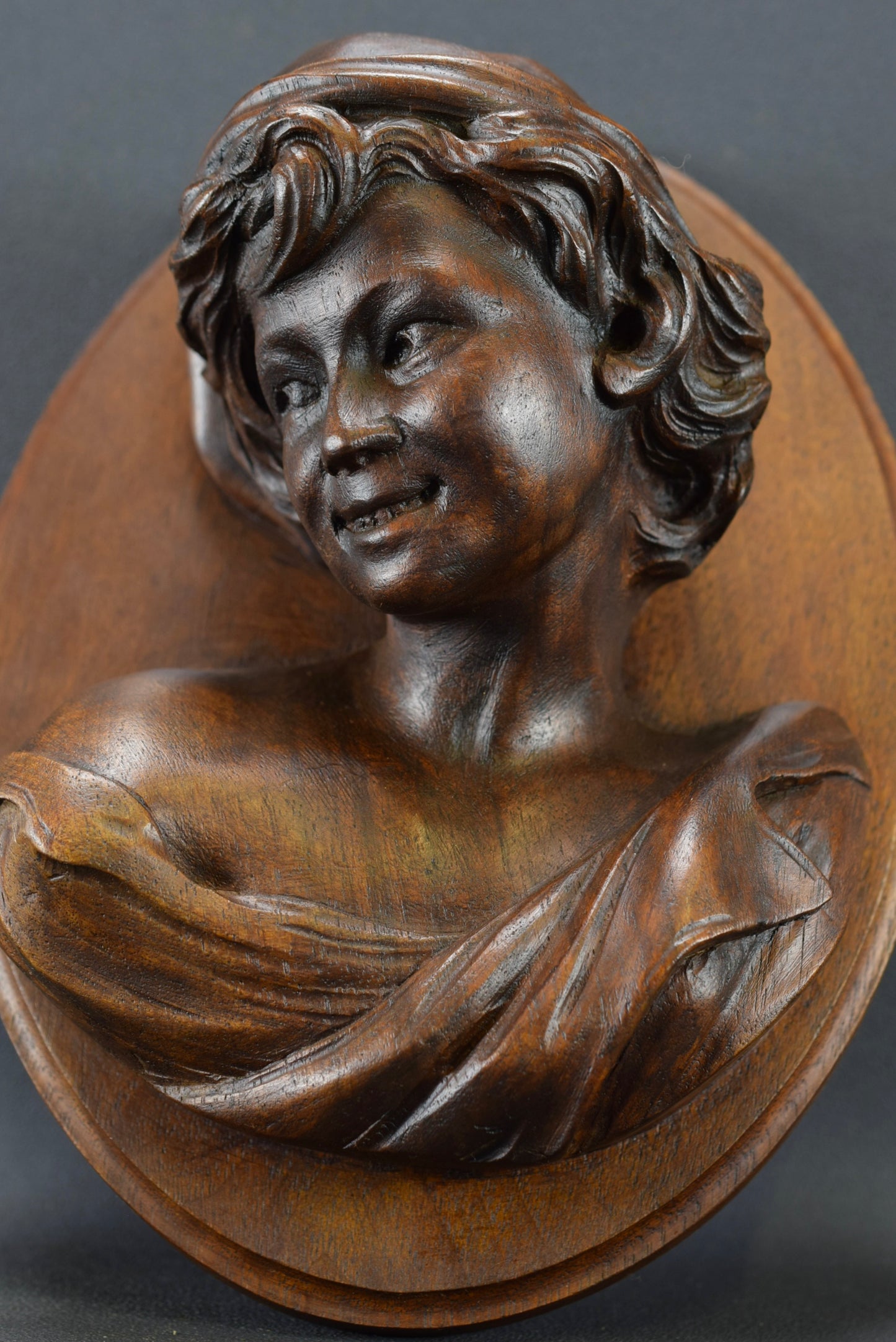 Renaissance Revival Girl Woman Carved Wood Wall Panel Medallion