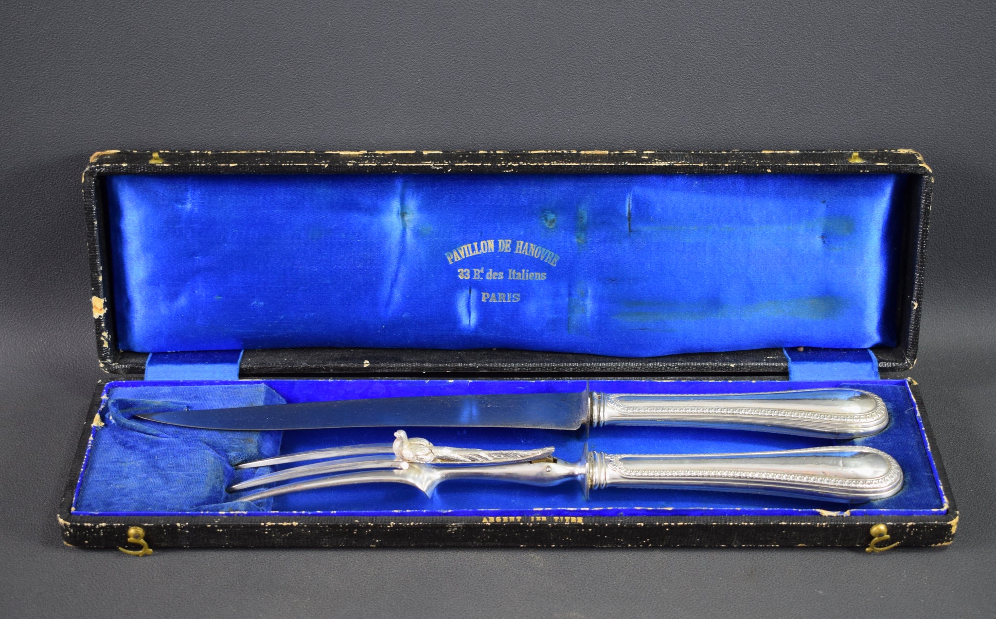 Vintage French 2pc Solid silver Carving Knife Set Minerva Hallmark 19th 