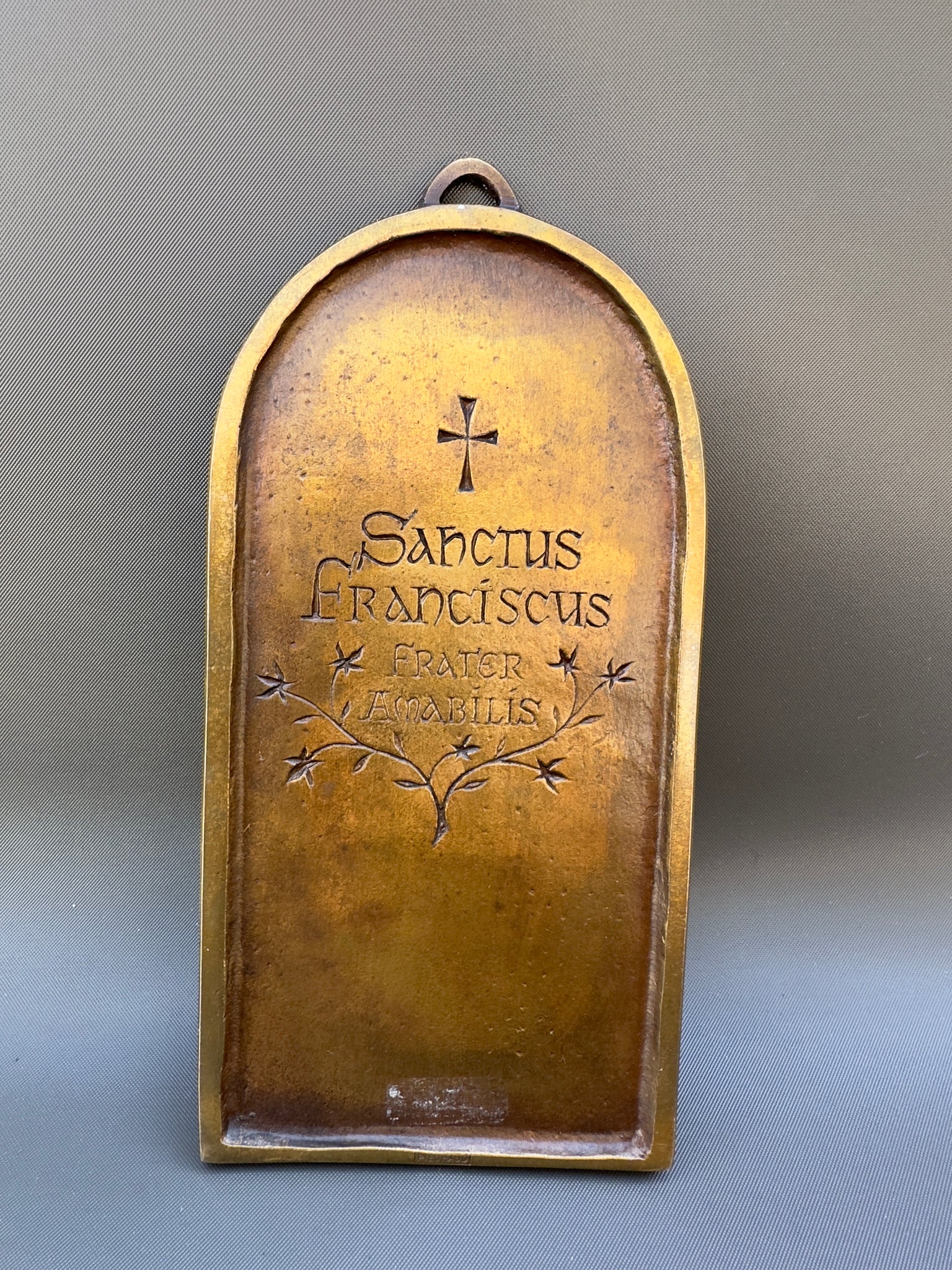 Antique French religious plaque bronze Saint Francis signed PIECHAUD