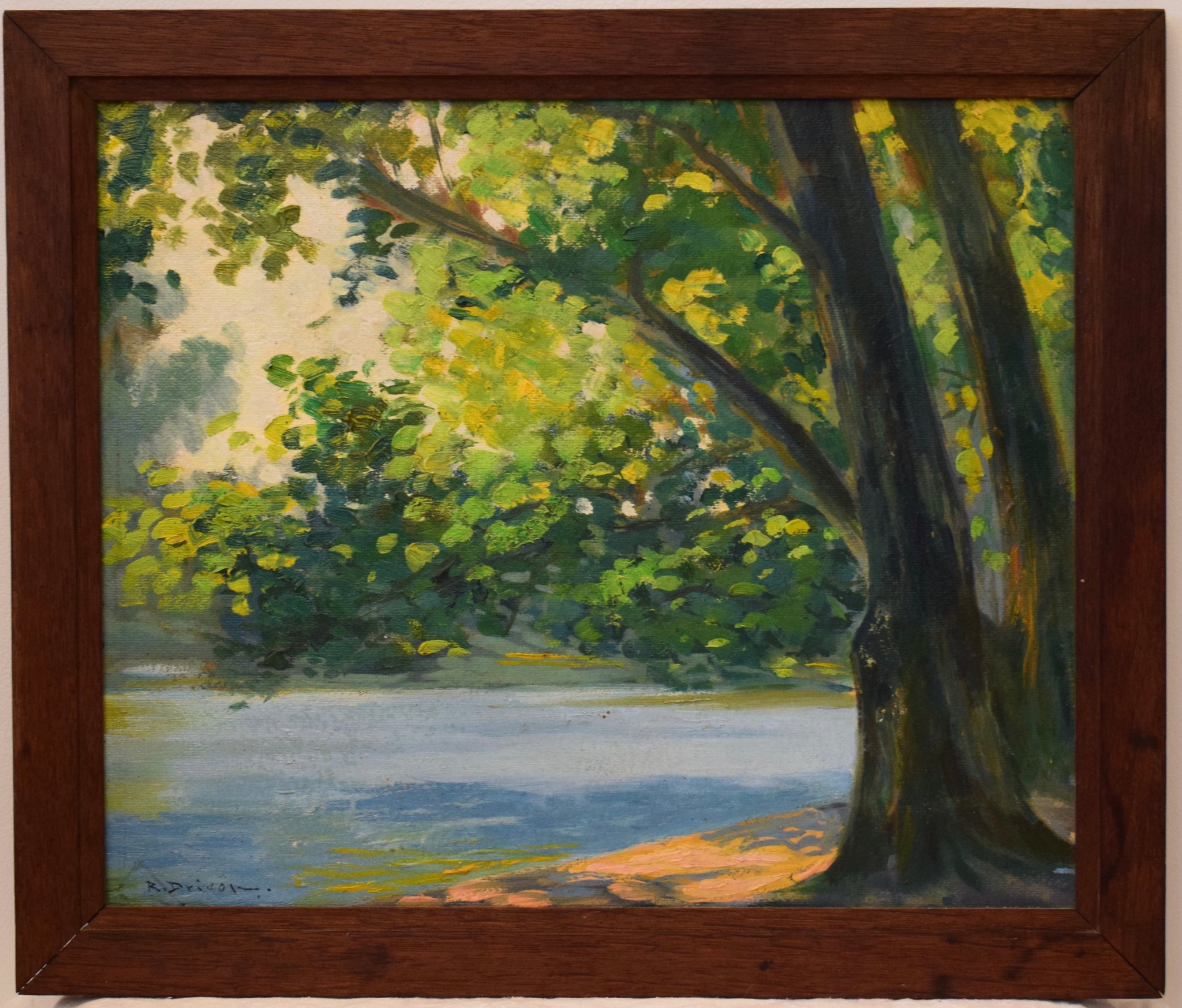 Impressionist Signed Oil Painting Drivon Lake Green Tree