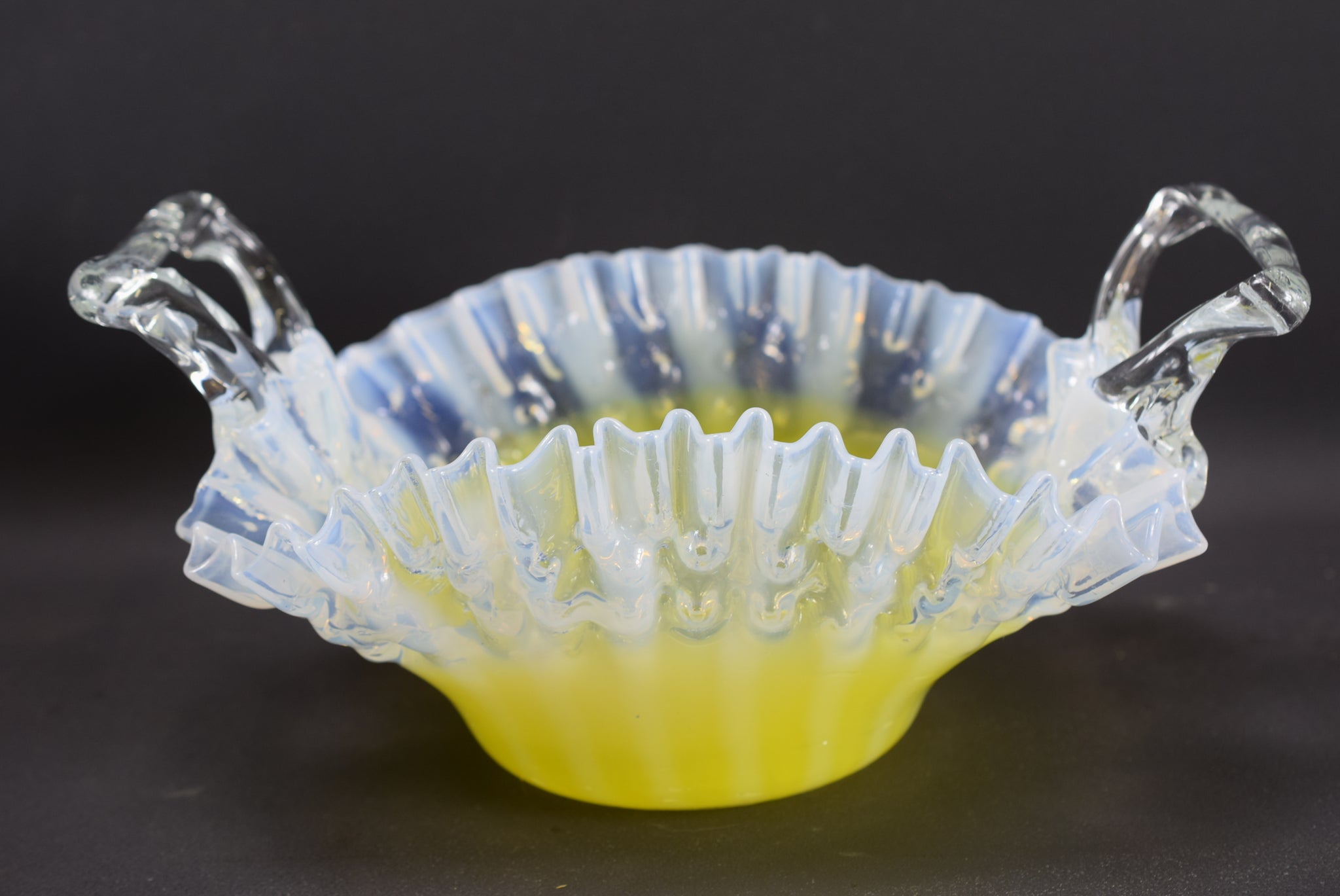 Victorian White & Yellow Vaseline Glass Basket Trinket Fruits Bowl Charmantiques