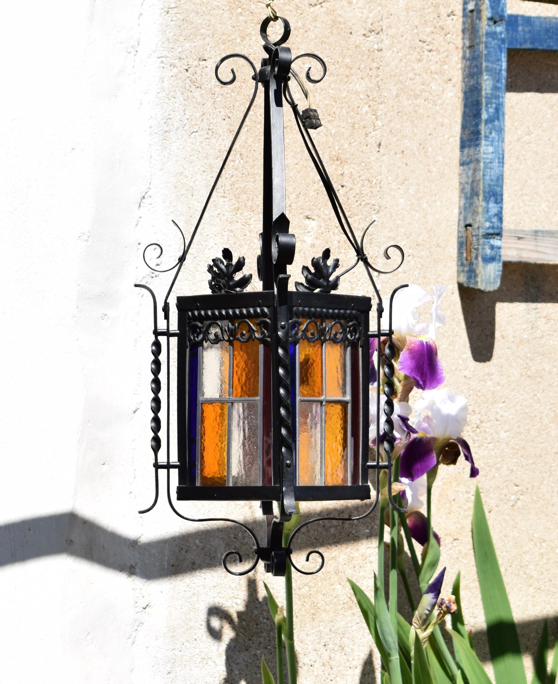 Stained Glass Black Lantern Chandelier Hall Porch Vintage