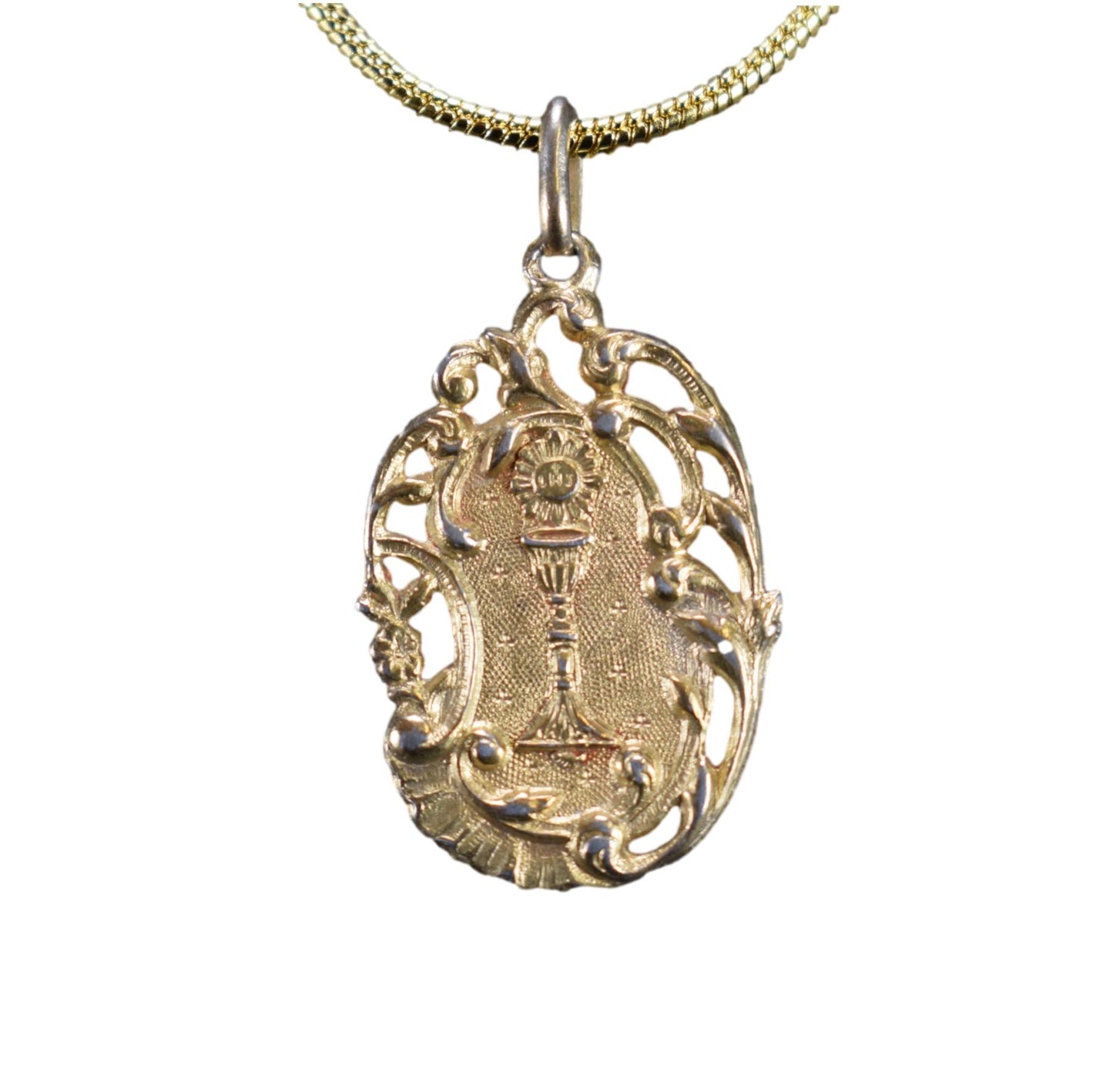 Gold Sterling Silver Chalice Communion Medal Necklace Rococo
