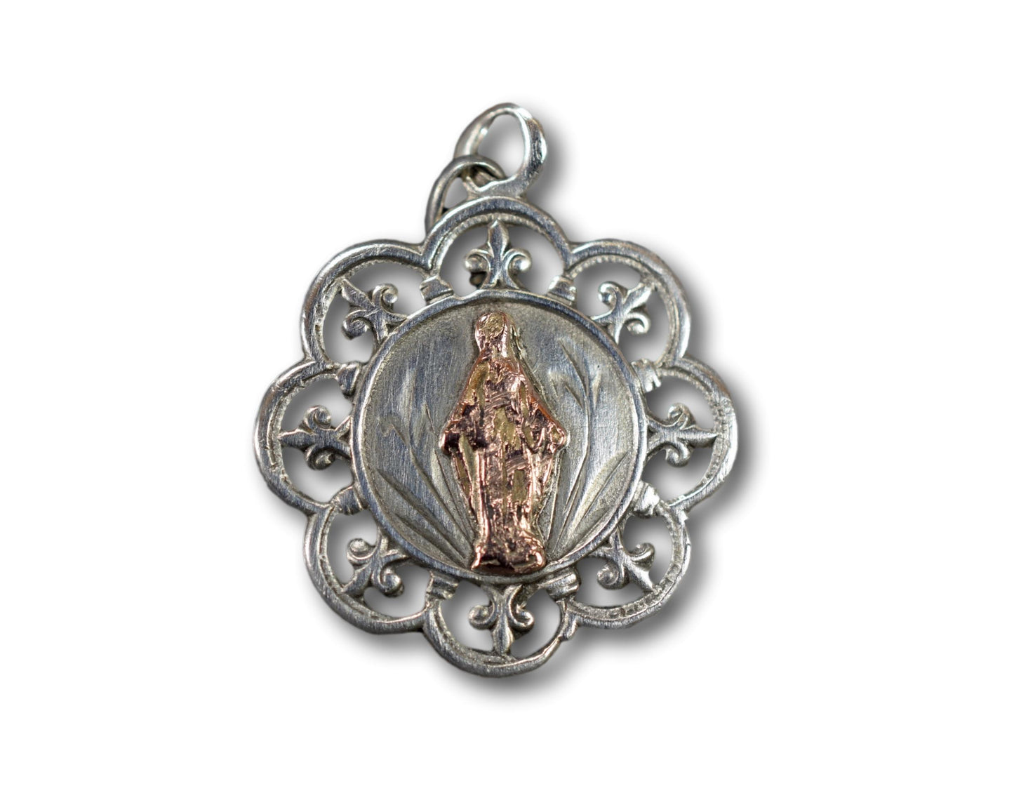Sterling Silver Openwork Gold Mary Medal Fleur de Lis