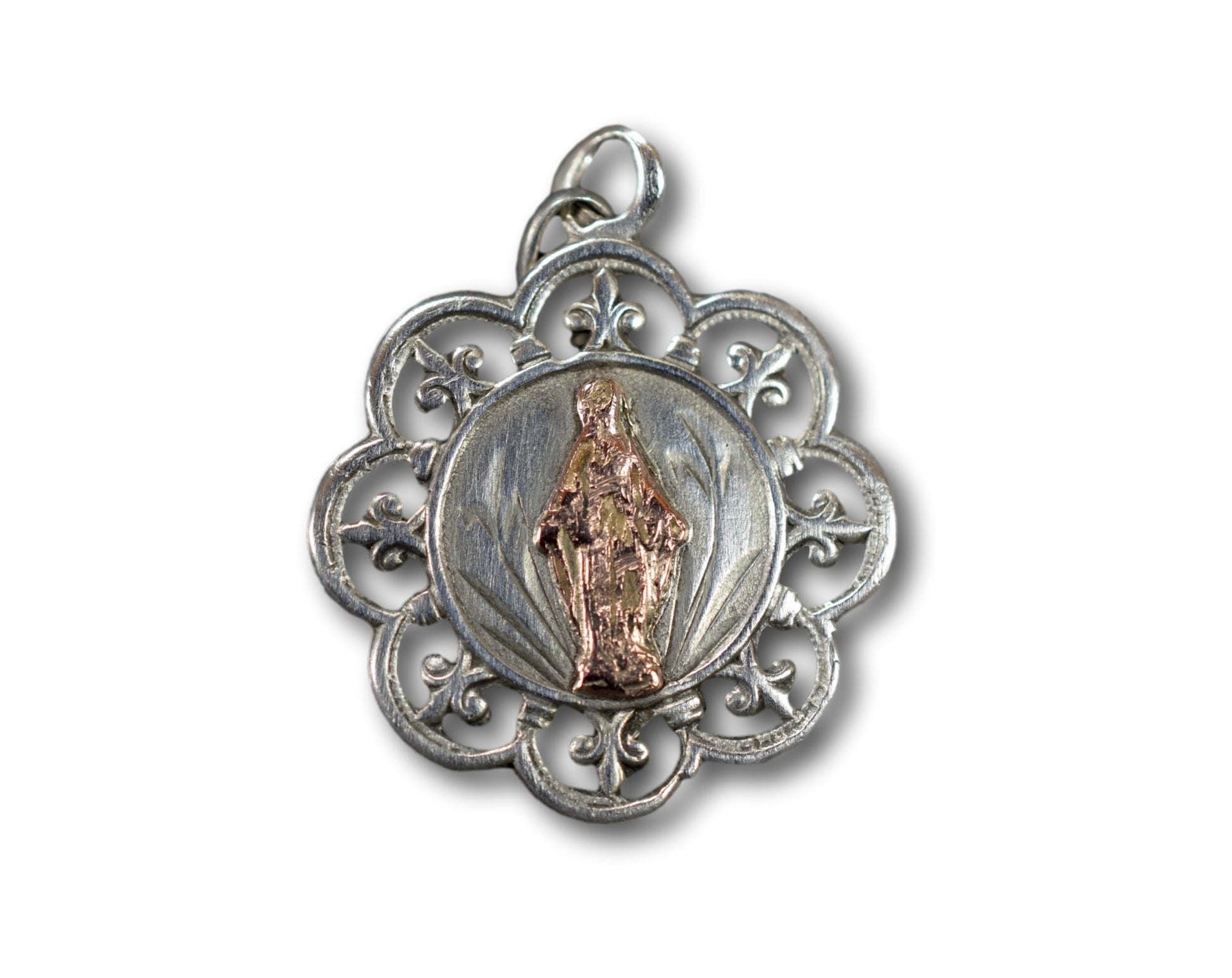 Sterling Silver Openwork Gold Mary Medal Fleur de Lis