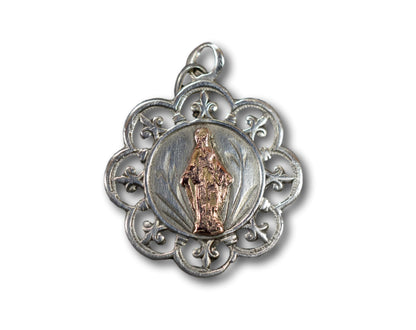 Sterling Silver Openwork Gold Mary Medal Fleur de Lis
