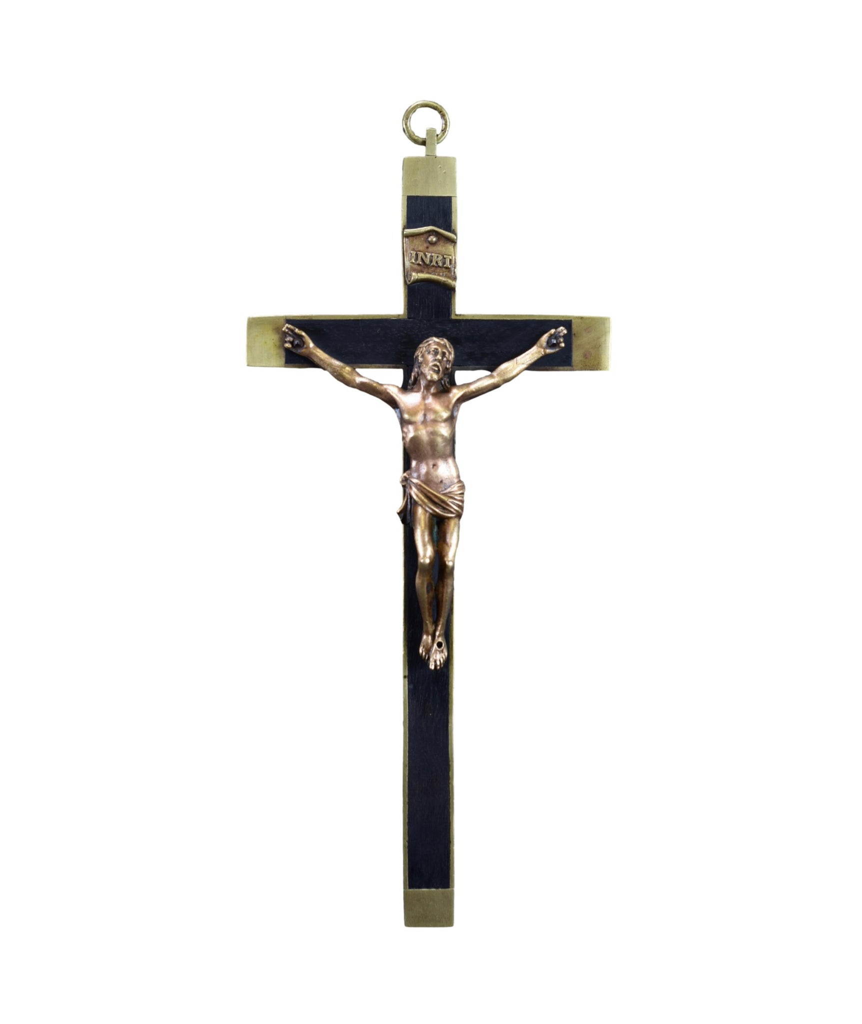 8" Antique French Bronze and Ebony Wood Inaly Nun Cross Wall Crucifix Pendant