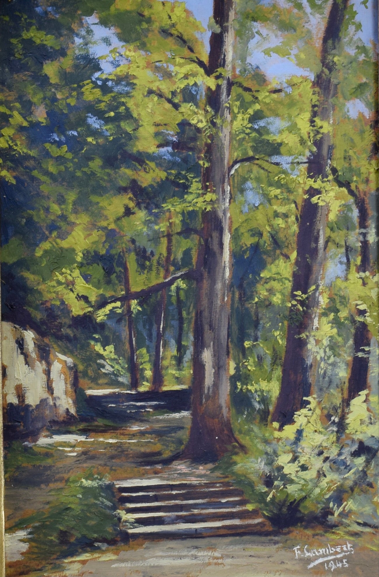 Impressionist Signed Oil Painting Signed F Lambert 1945 Forest Path