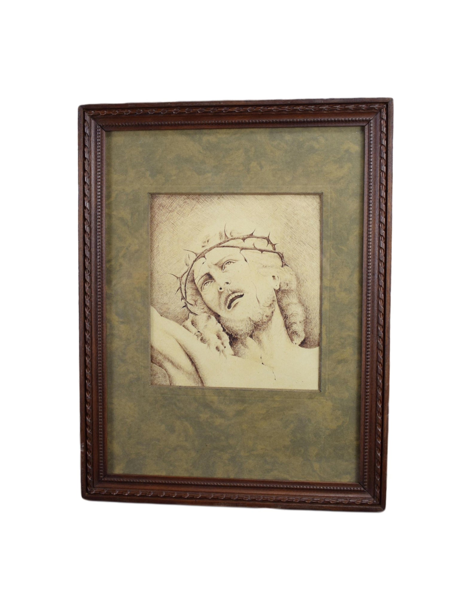 Antique French Religious Ink Drawing On Paper  of Jesus Christ Portrait , Jesus on The Cross