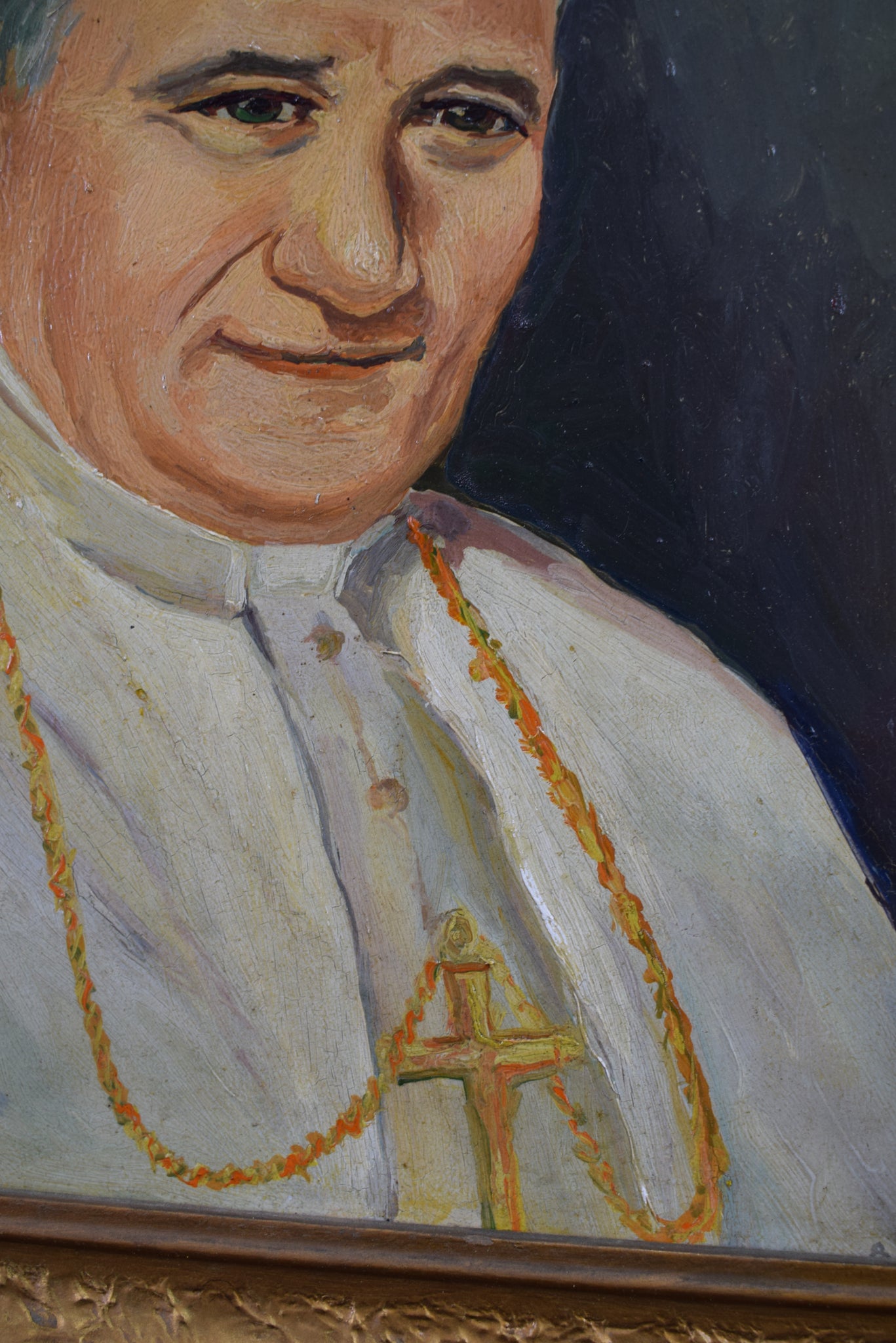 Pope John Paul II Portrait  French Vintage Oil Painting on Panel