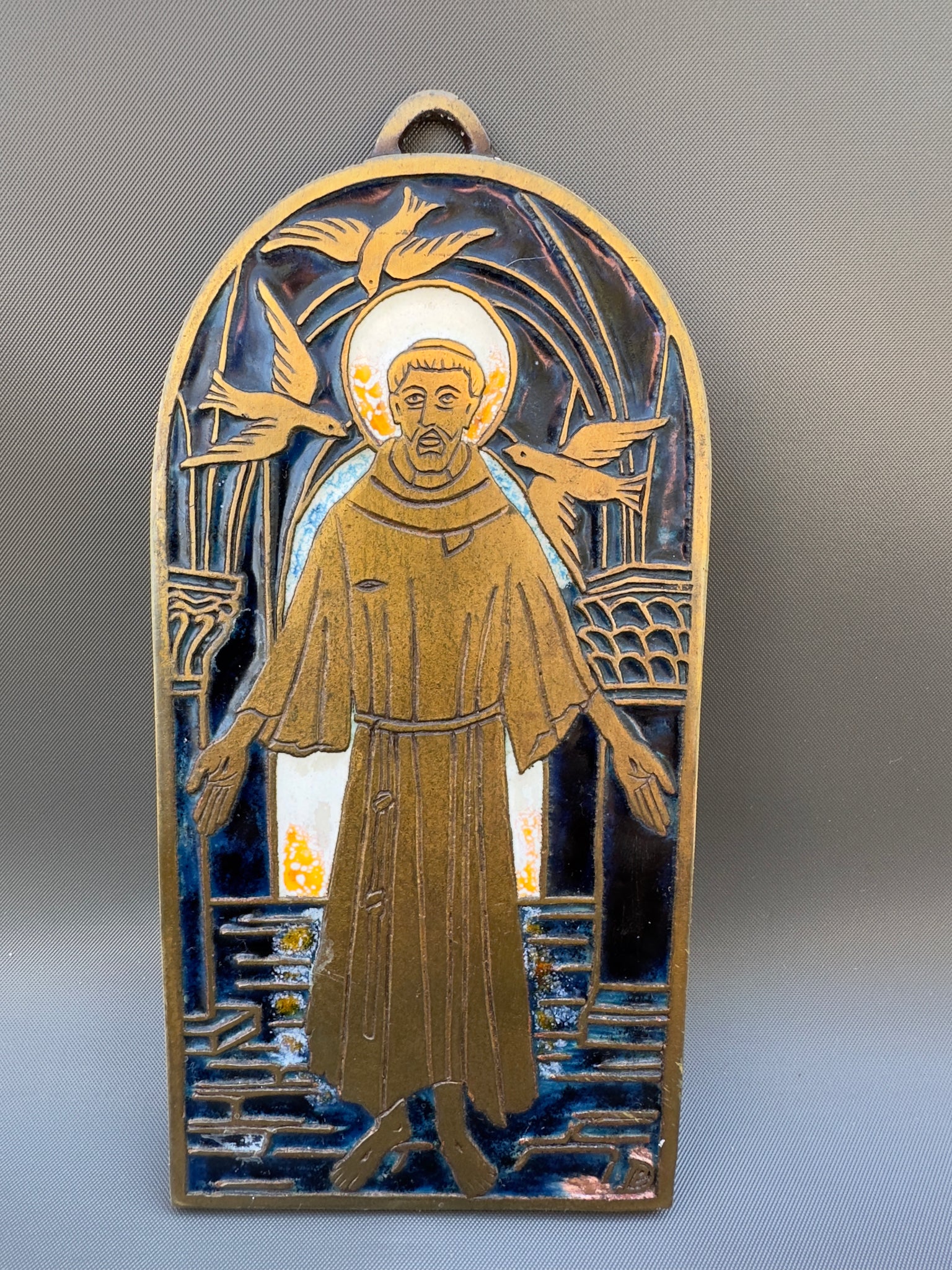 Antique French religious plaque bronze Saint Francis signed PIECHAUD