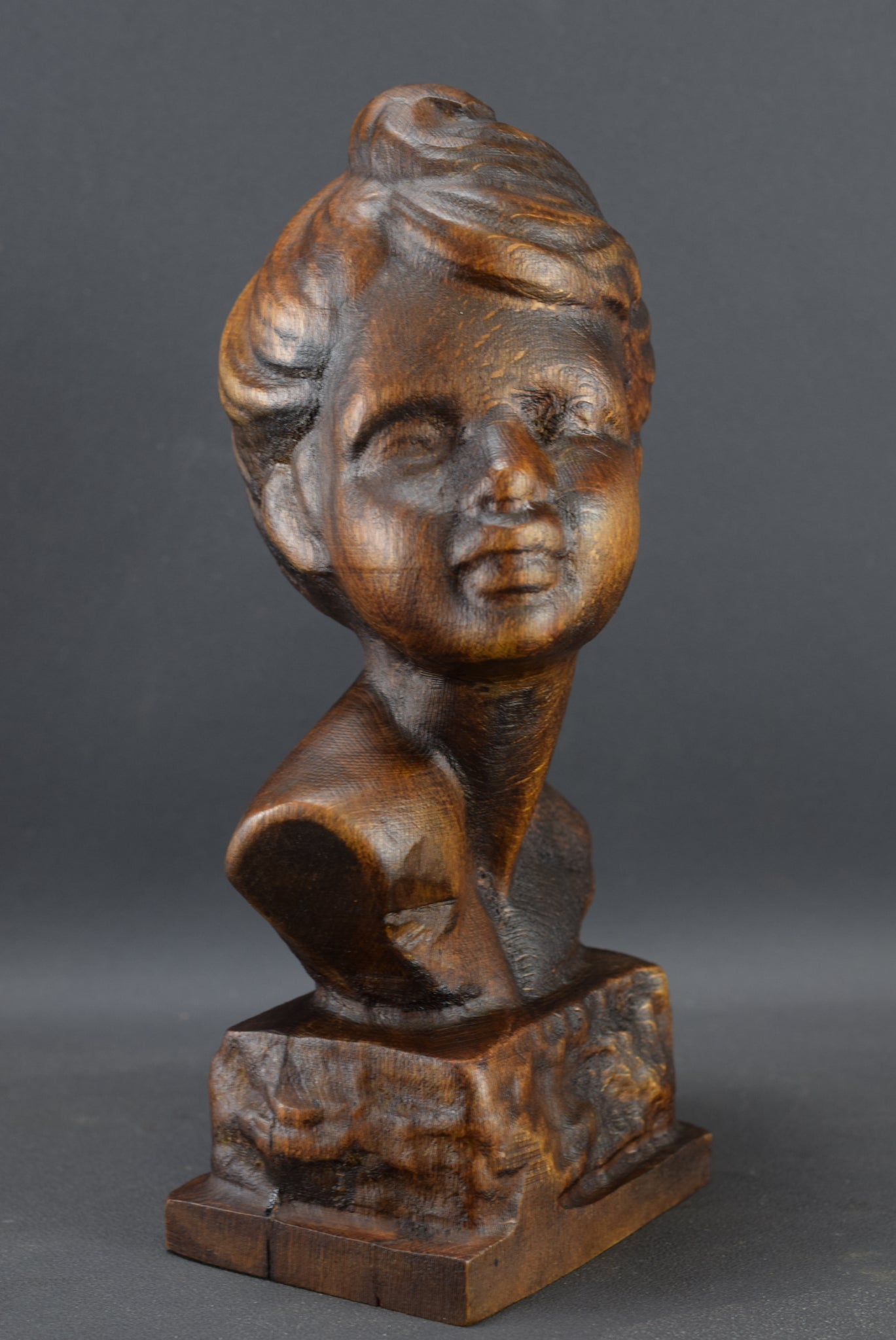 Vintage Hand Carved Oak Wood Young Girl Bust Sculpture Statue