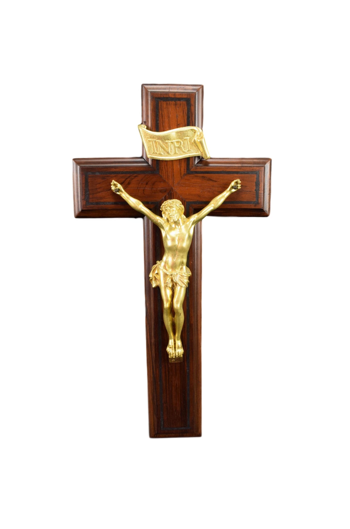 French Art Deco Large Bronze and Wood Wall Cross Crucifix