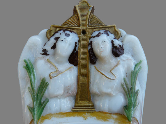 Victorian French Religious Opaline Holy Water Font - Charmantiques