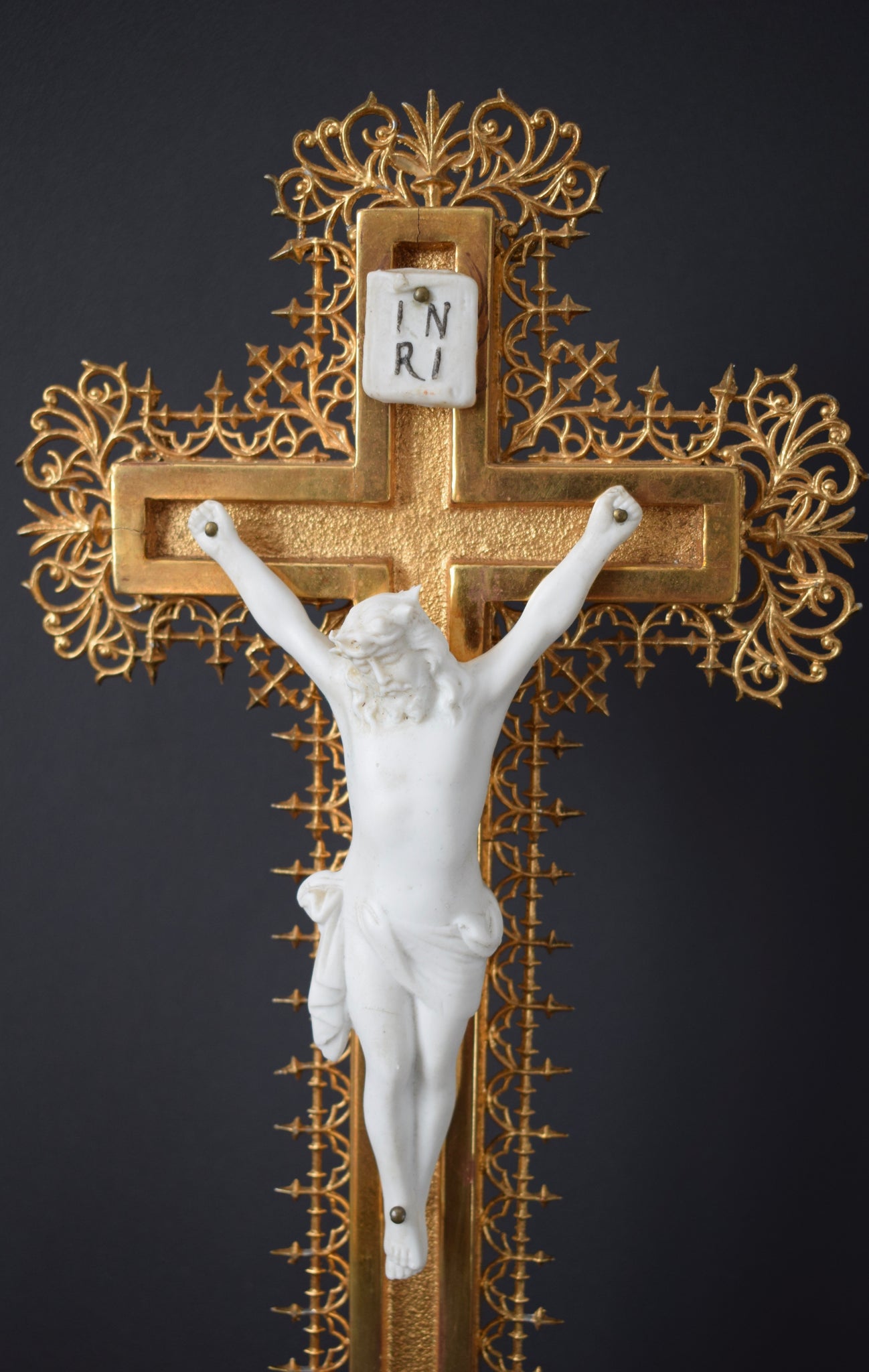 French Antique Wooden Crucifix and Gilded Stucco, Gilded Openwork  19th, Standing Cross