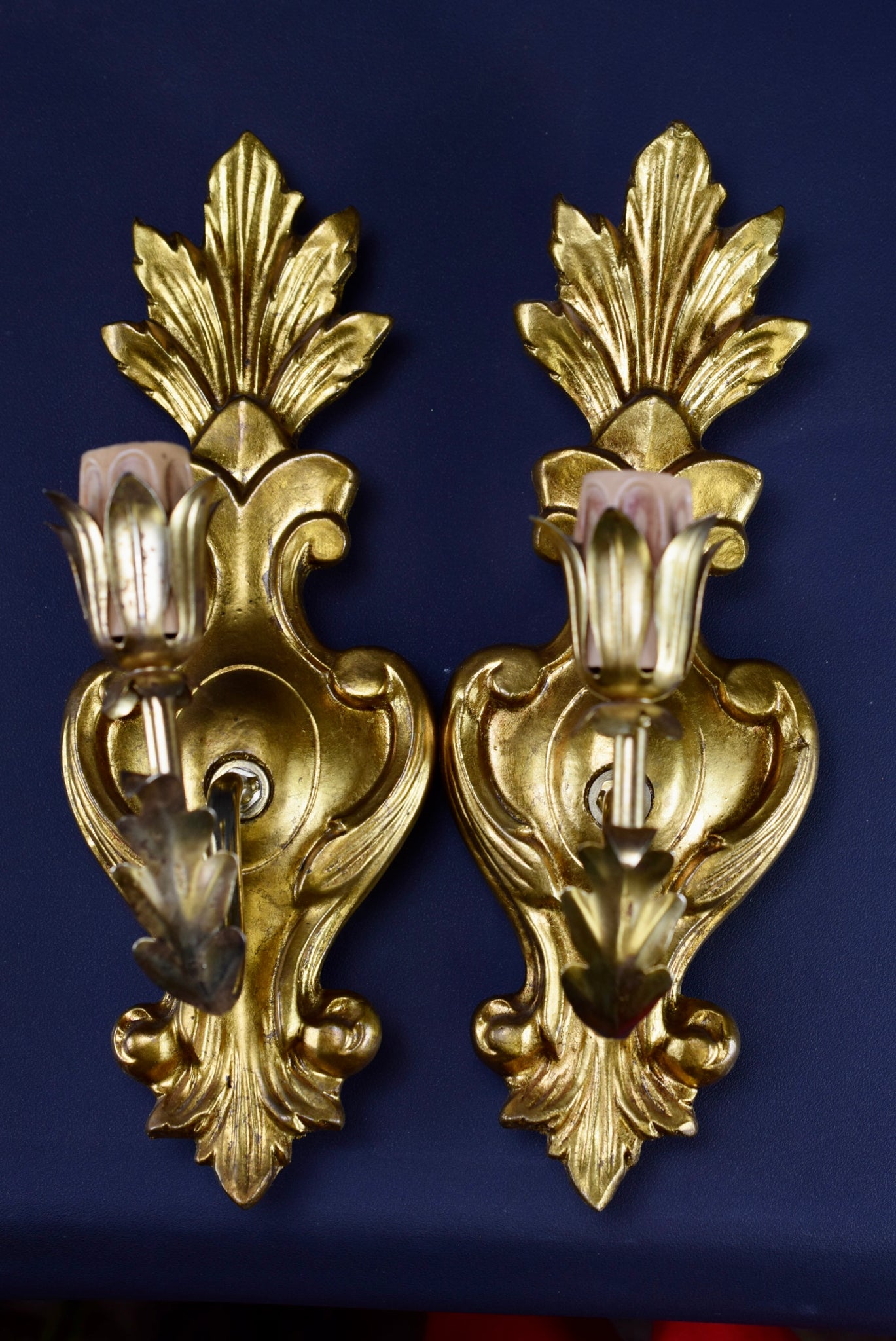 Vintage Italian Gilt Wood Pair of Wall Sconces