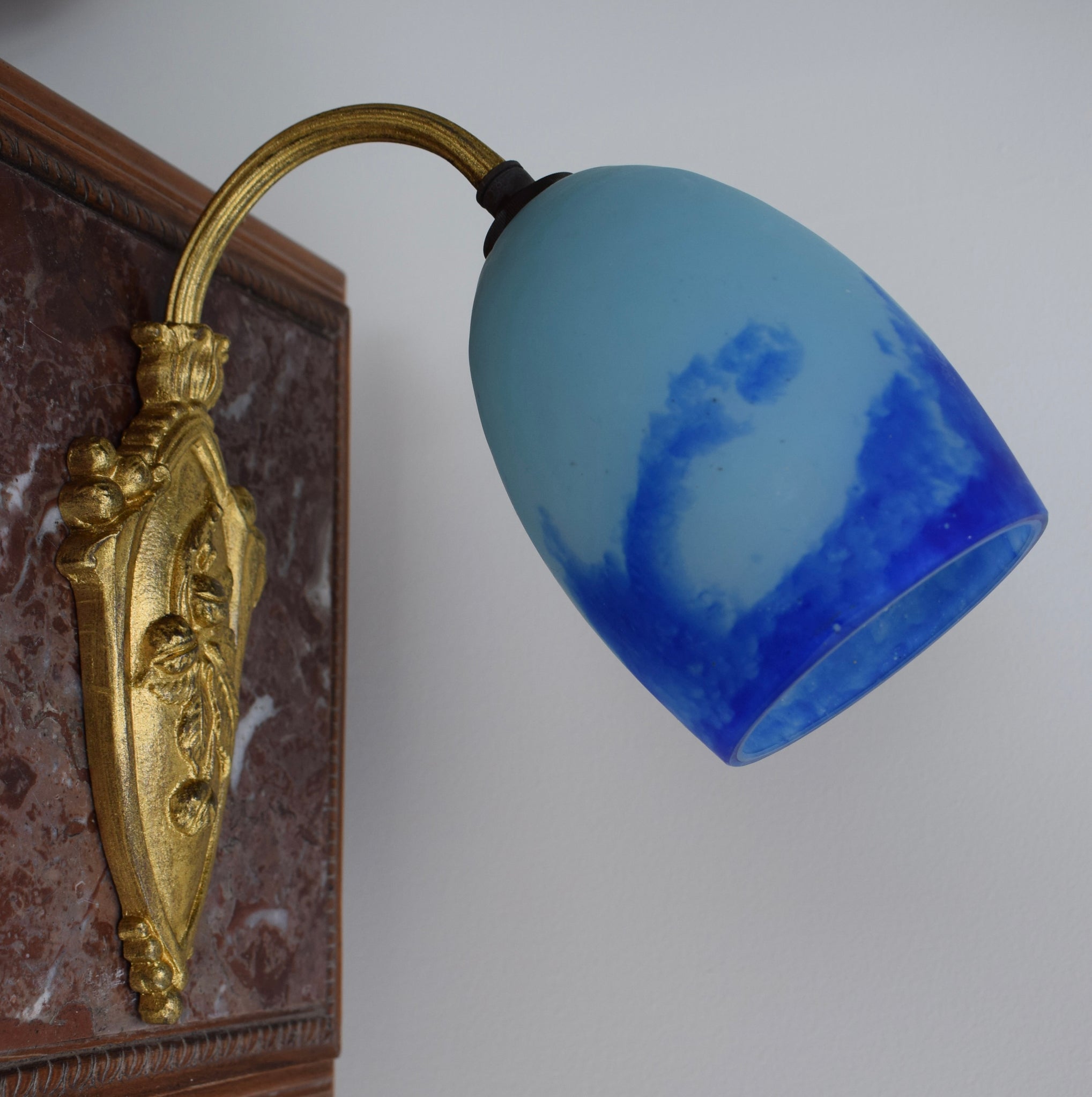 Bronze Wall Sconce with Blue Glass Lamp Shade, Art Deco Wall Lighting, French Vintage