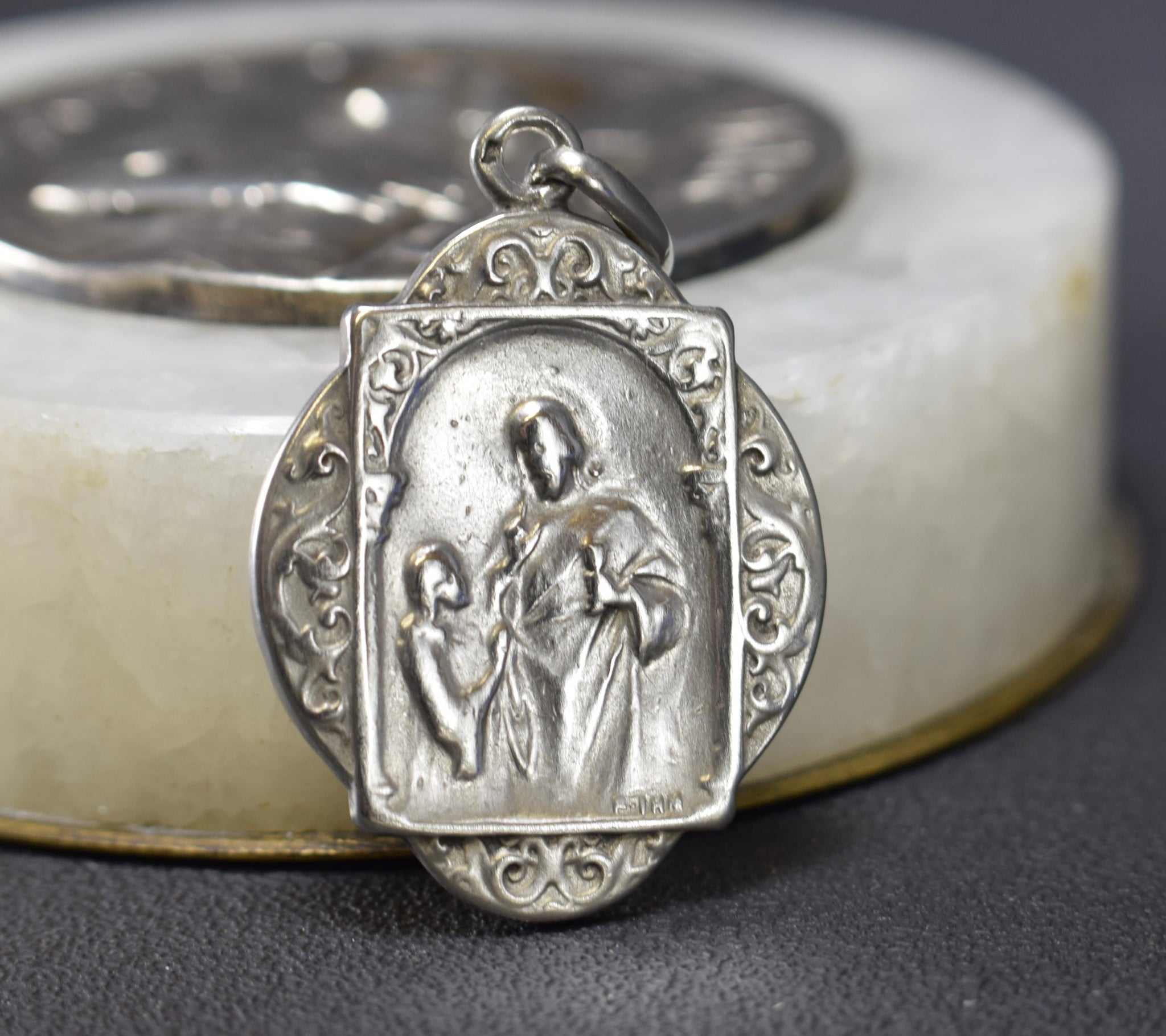 Art Nouveau Sterling Silver Communion Medal Pendant Charm Necklace
