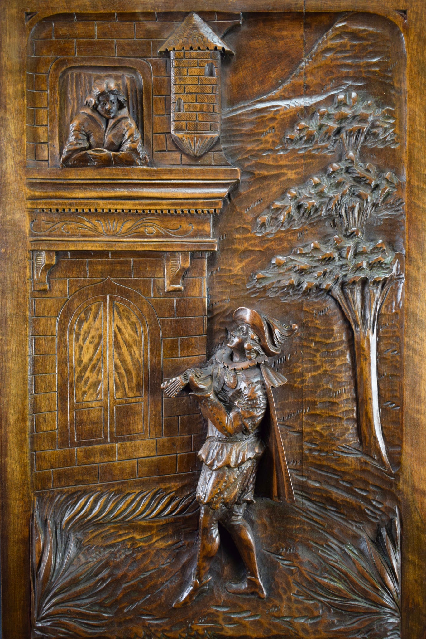 Carved Wood Panel Romantic Scene 19th