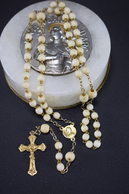 White Beads & Gold Sterling Silver Rosary